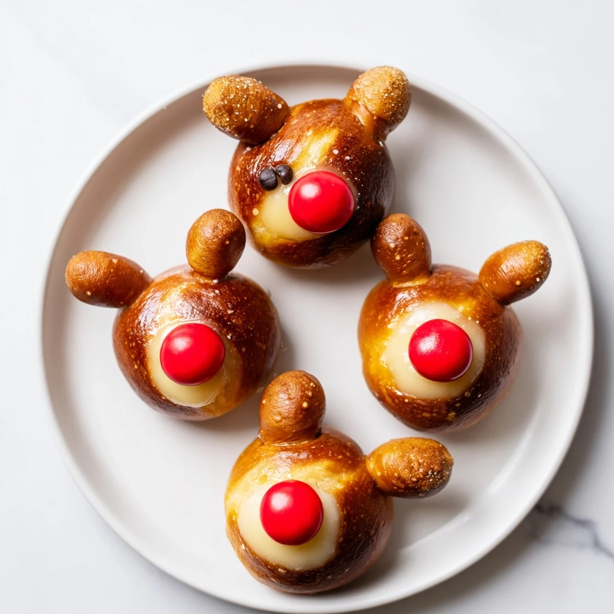 Golden brown Rudolfs Red Nose Pretzel Bites, ready to enjoy, with tiny pretzel antlers and chocolate chip "eyes."