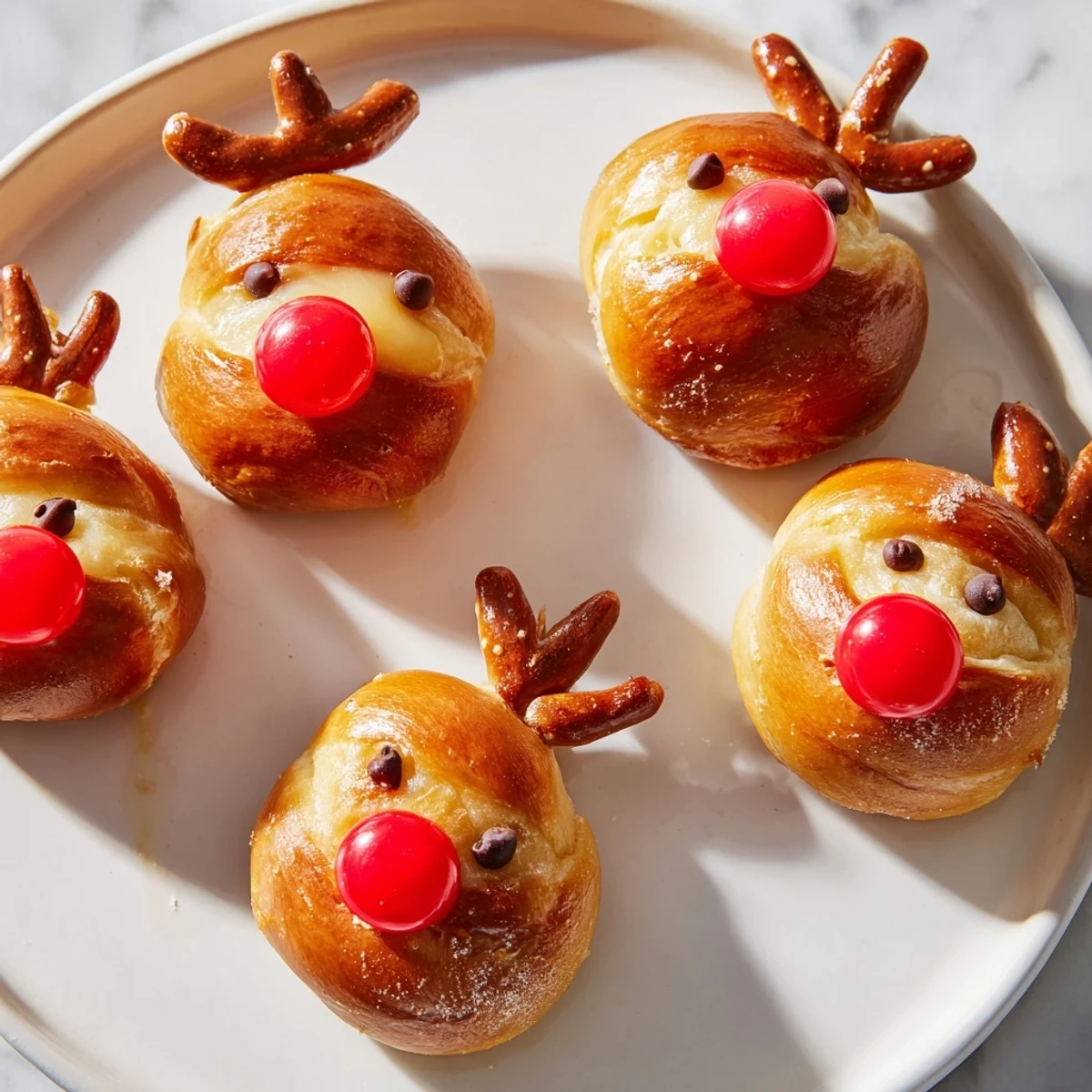 Festive shot of homemade Rudolfs Red Nose Pretzel Bites, baked to perfection and perfect for a holiday snack.