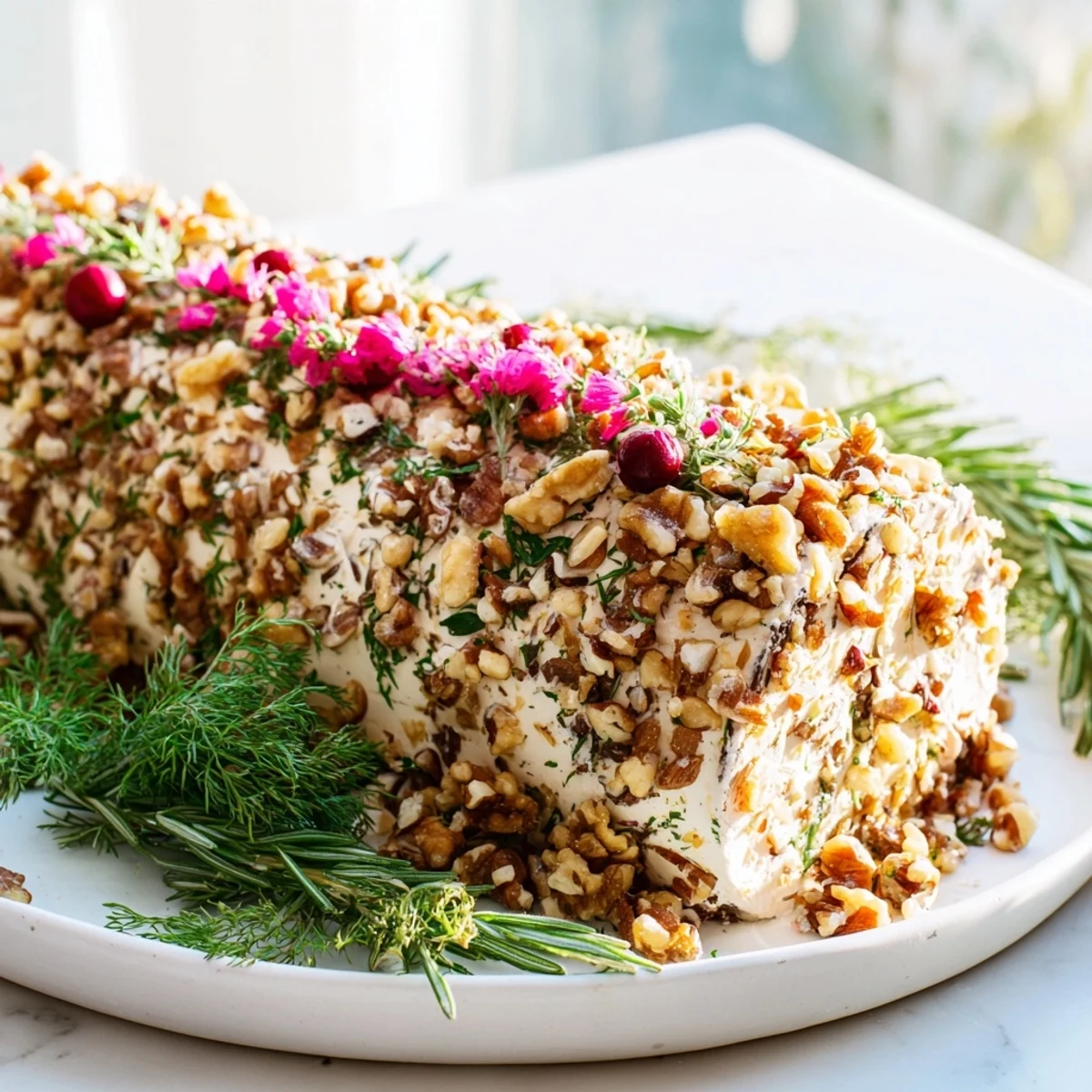 Festive Yuletide Log Cheese decorated with rosemary and cranberries, a creamy appetizer for holiday entertaining.