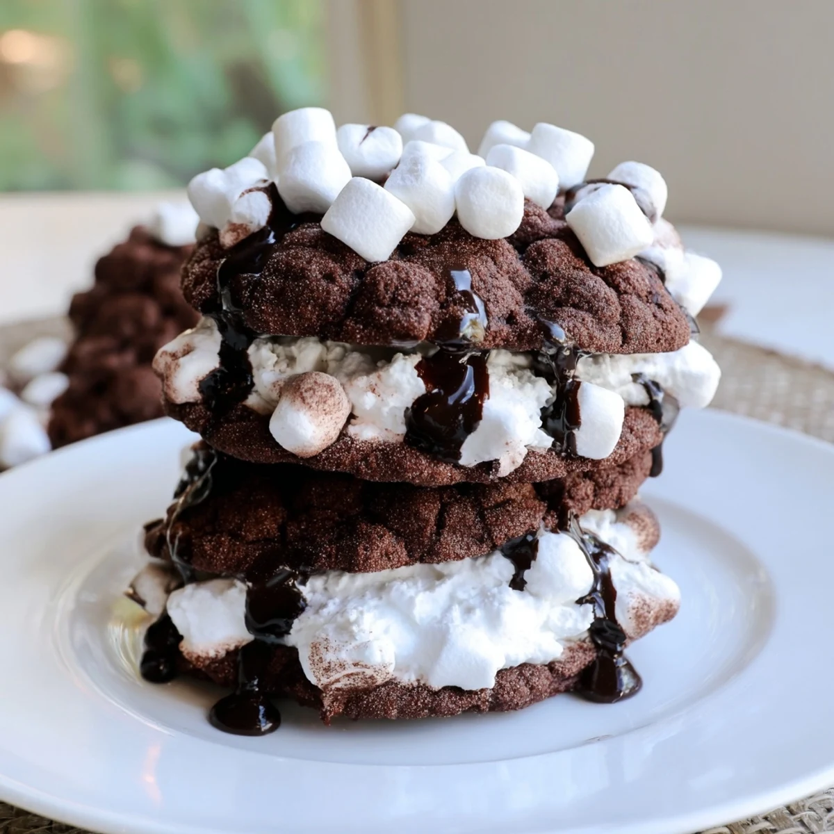 Stacked Hot Cocoa Mug Cookies topped with melted chocolate and mini marshmallows, a delicious treat.