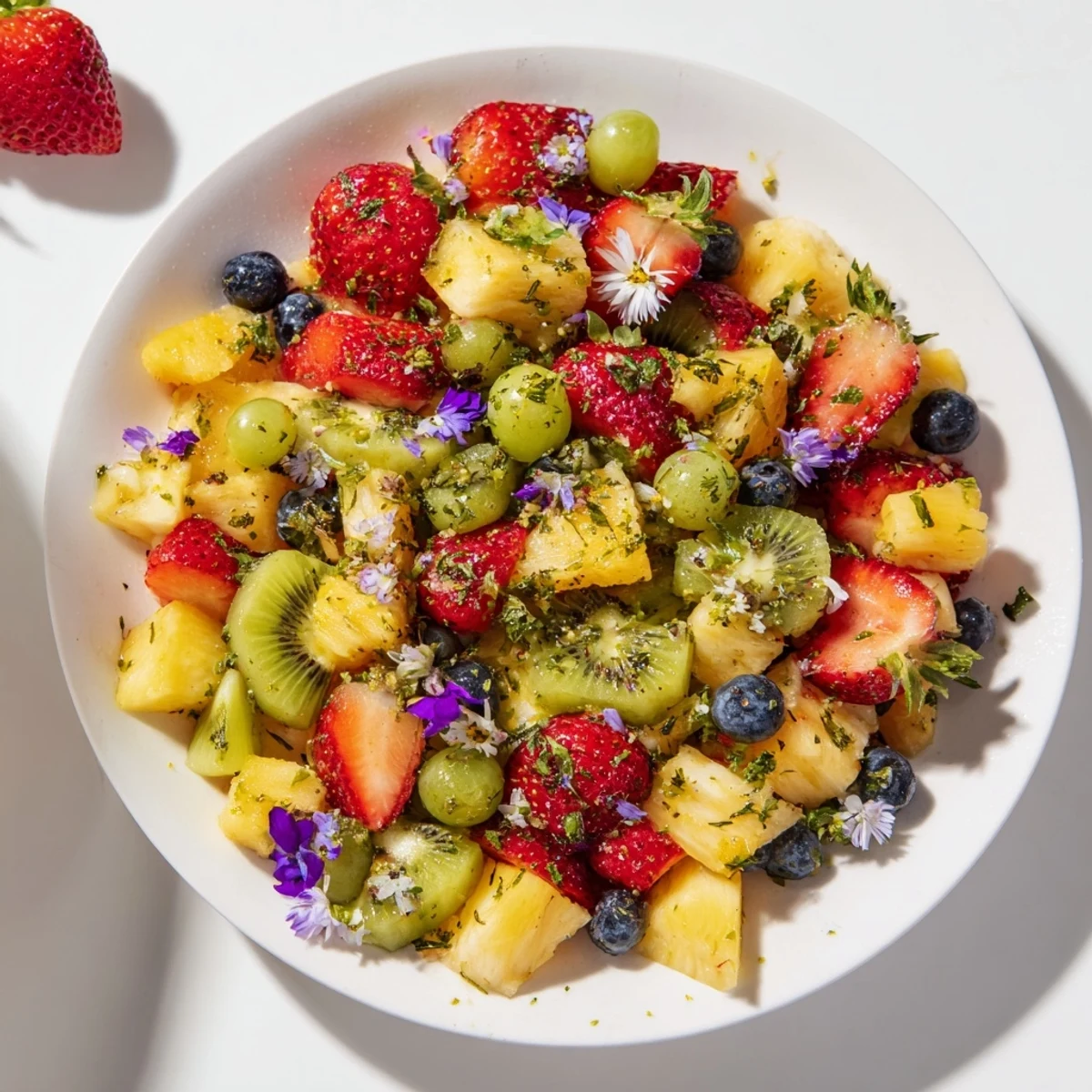 Chilled festive bow fruit medley; a beautiful fruit salad ready to serve on a summer picnic or brunch.