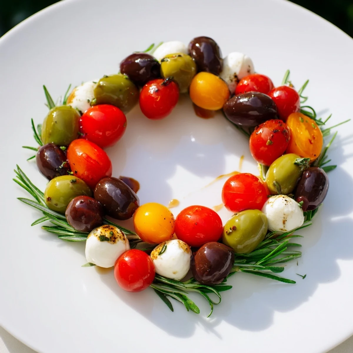 Festive olive and cherry tomato wreath appetizer ring, bursting with Mediterranean flavors and fresh herbs.