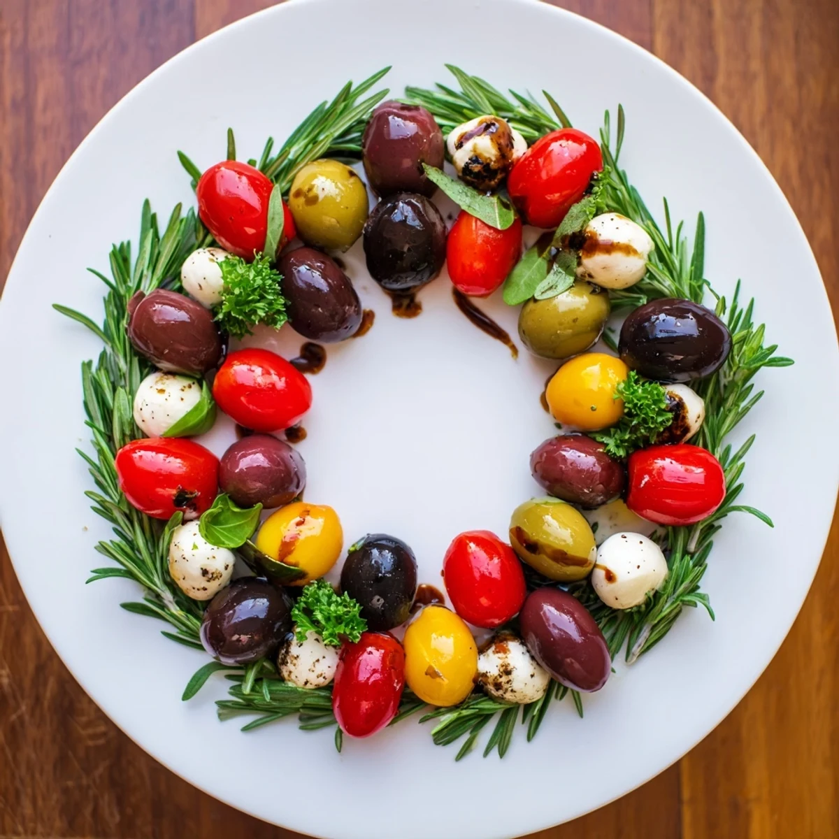 Vibrant appetizer wreath featuring plump cherry tomatoes, olives, and mozzarella, perfect for holiday gatherings.