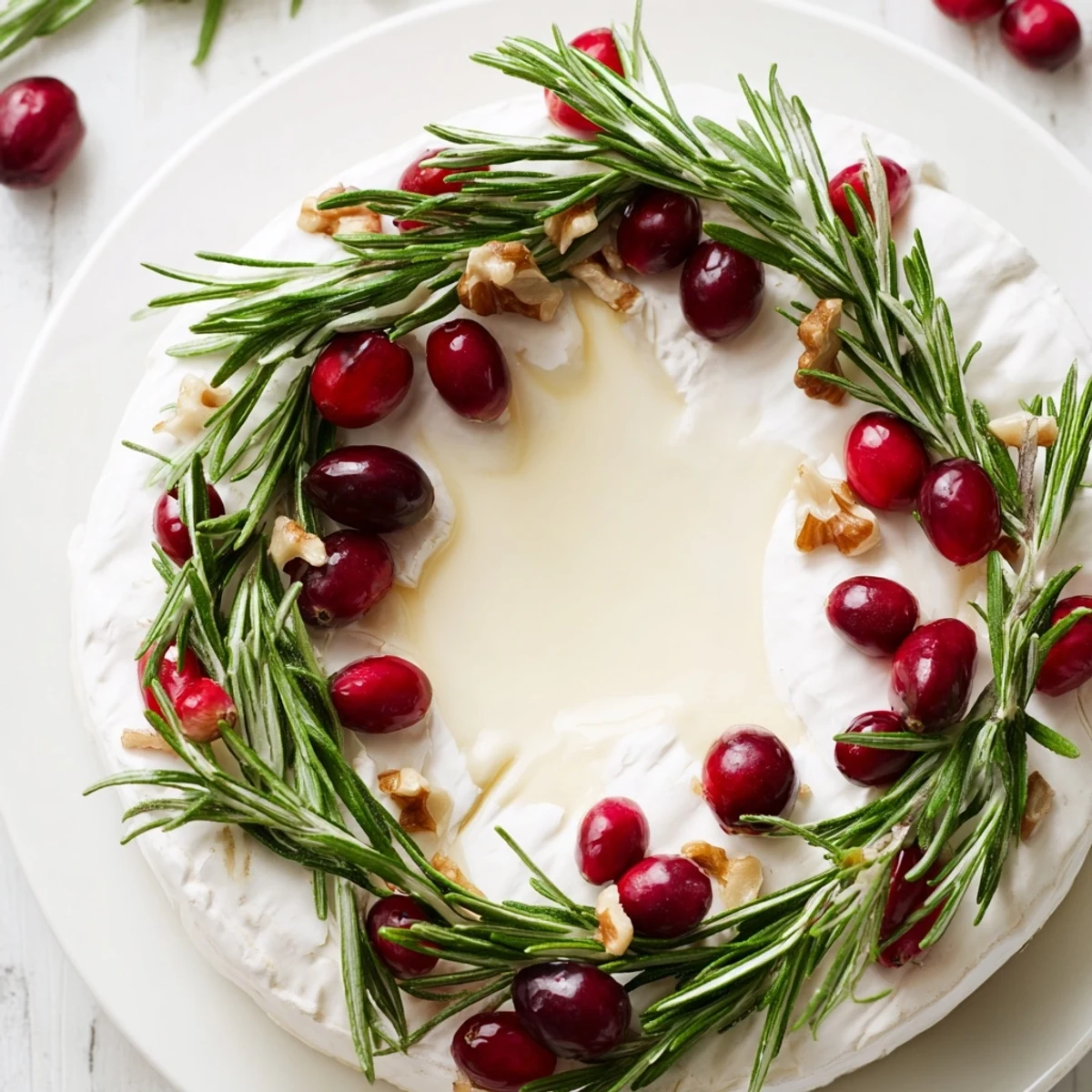 Festive Brie cheese appetizer boasts a fresh rosemary circle, sprinkled with optional ruby cranberries.