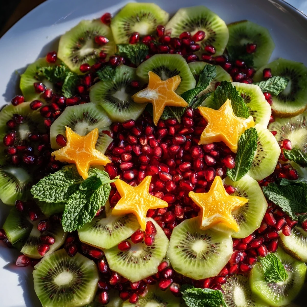 Vibrant kiwi and pomegranate Christmas wreath, perfect for a healthy and festive dessert or appetizer.