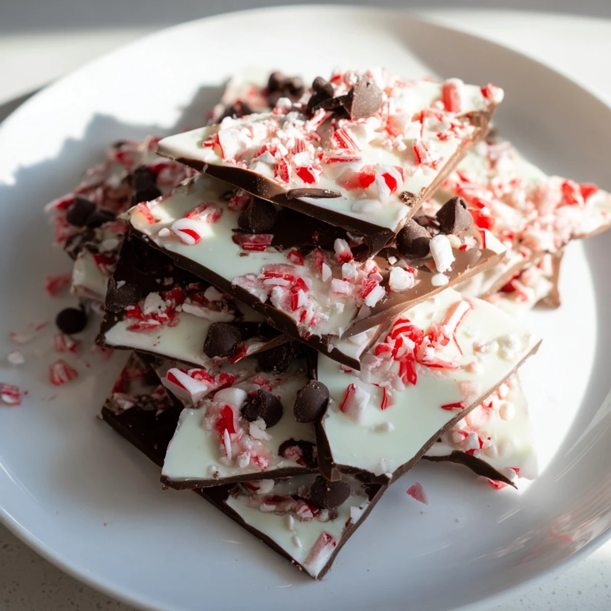 Delicious Peppermint Bark Shards, a no-bake treat with layers of dark and white chocolate, ready to enjoy.