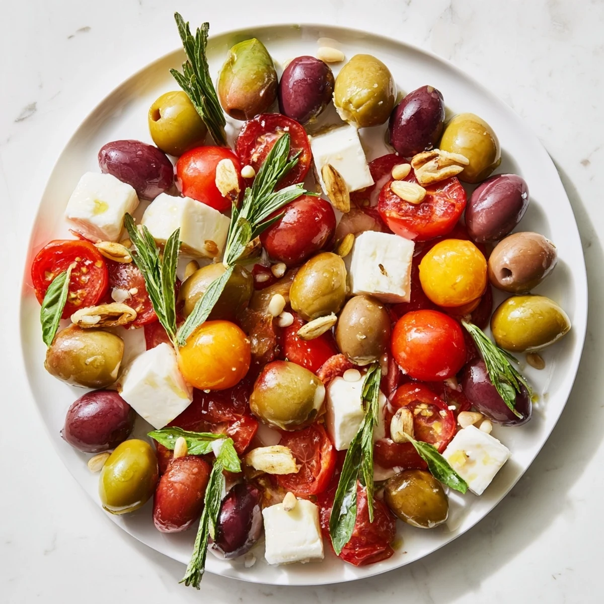 Olive and cherry tomato garland board, arranged with bright tomatoes, olives, cheese, and herbs, ready to serve.