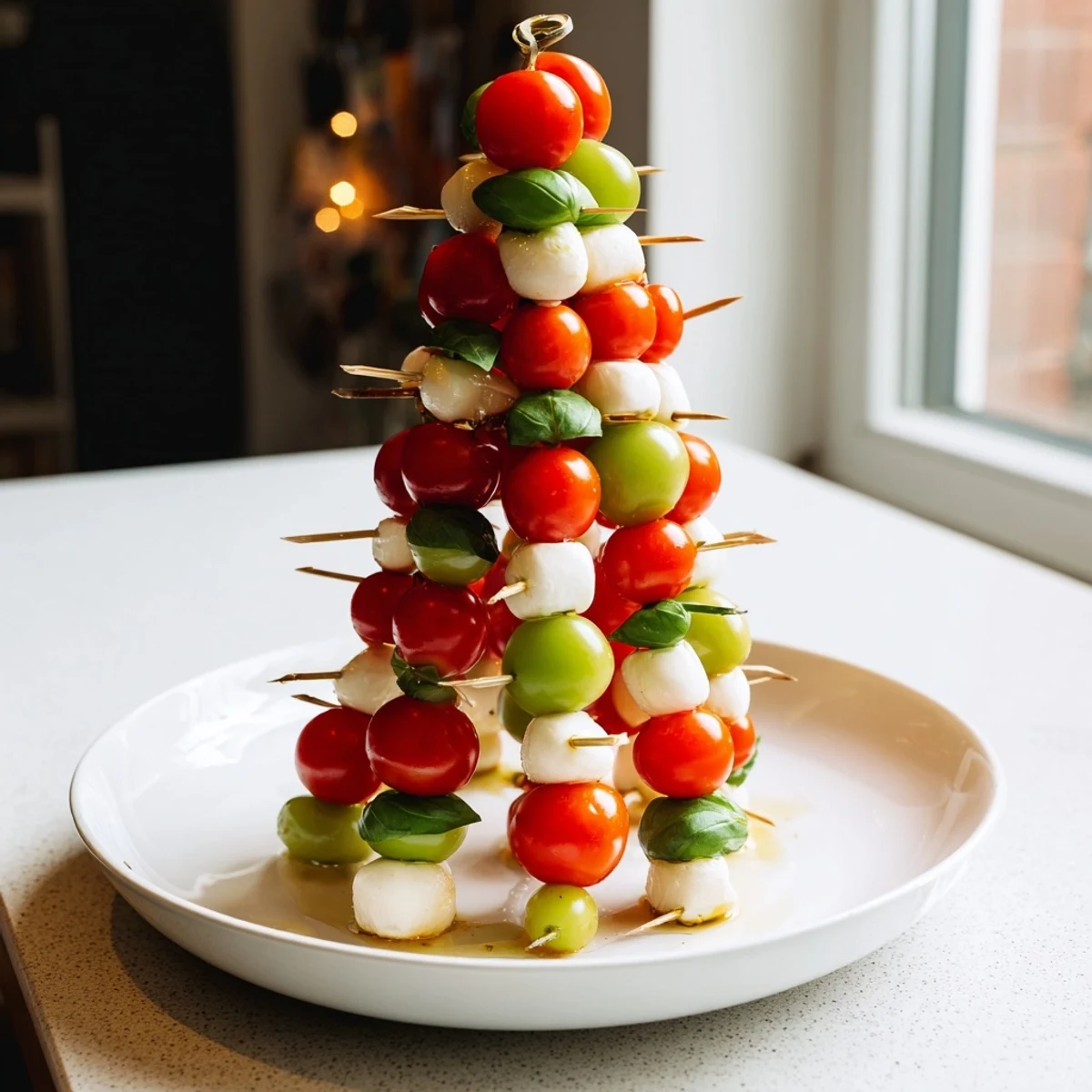 Enjoy the colorful display of this festive Red and Green Caprese Skewer Tree; a perfect Italian appetizer.
