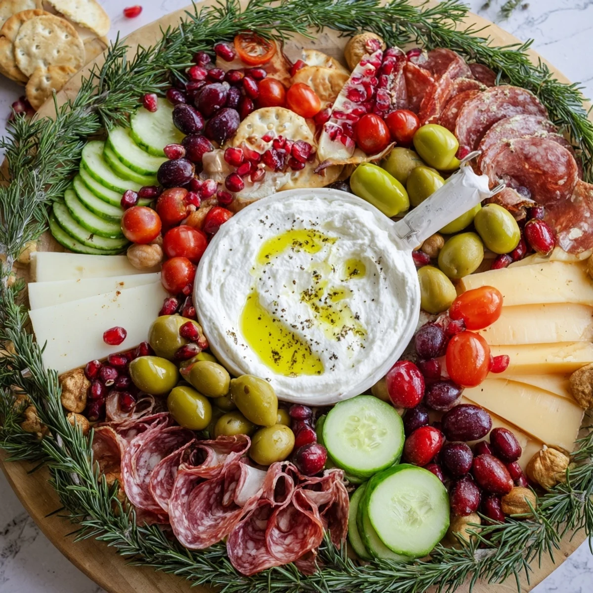 Beautiful evergreen wreath board recipe: creamy dip surrounded by cheese, fruit, and rosemary sprigs.