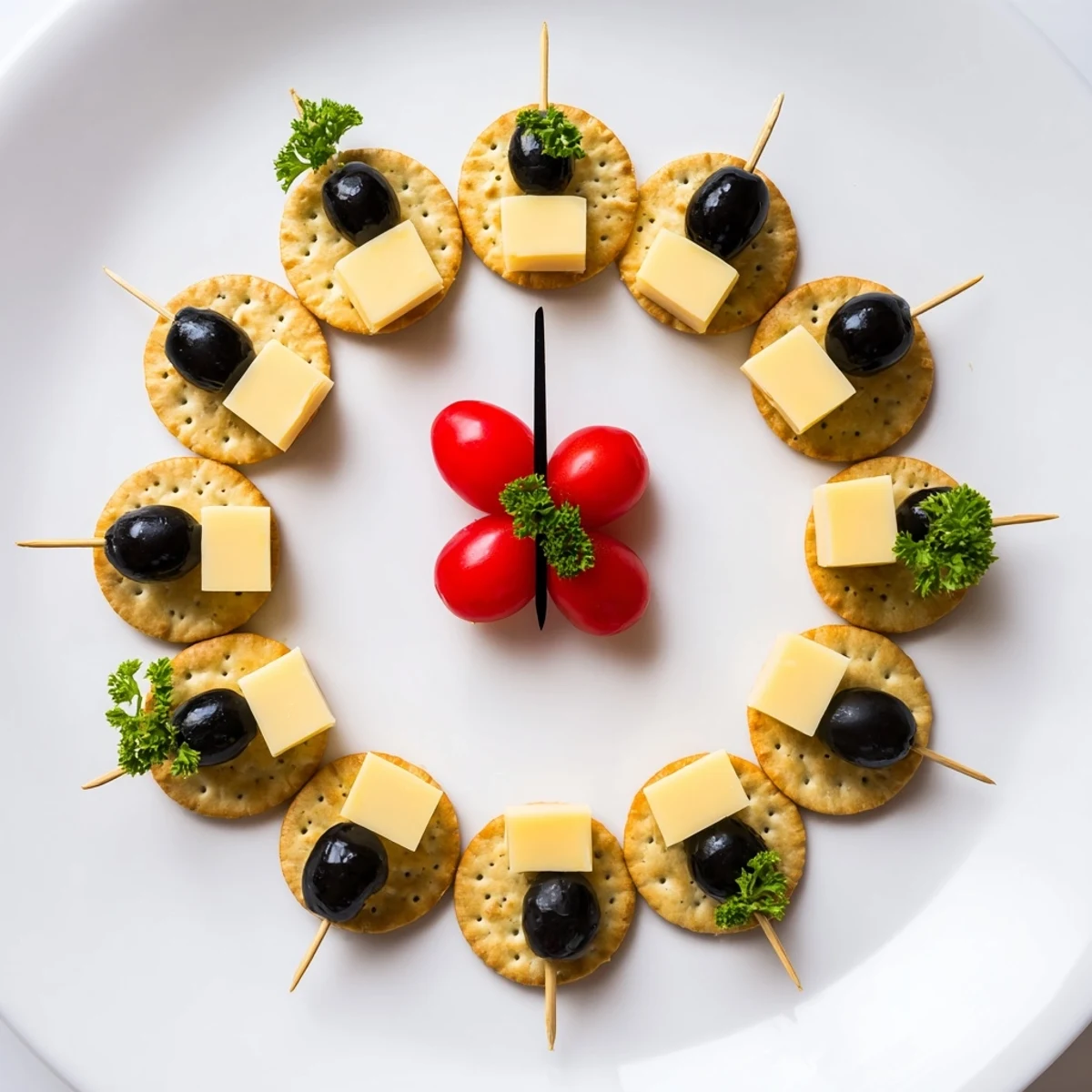 Clock Countdown created with crackers and cheese, looks delicious for New Year's Eve party appetizers.