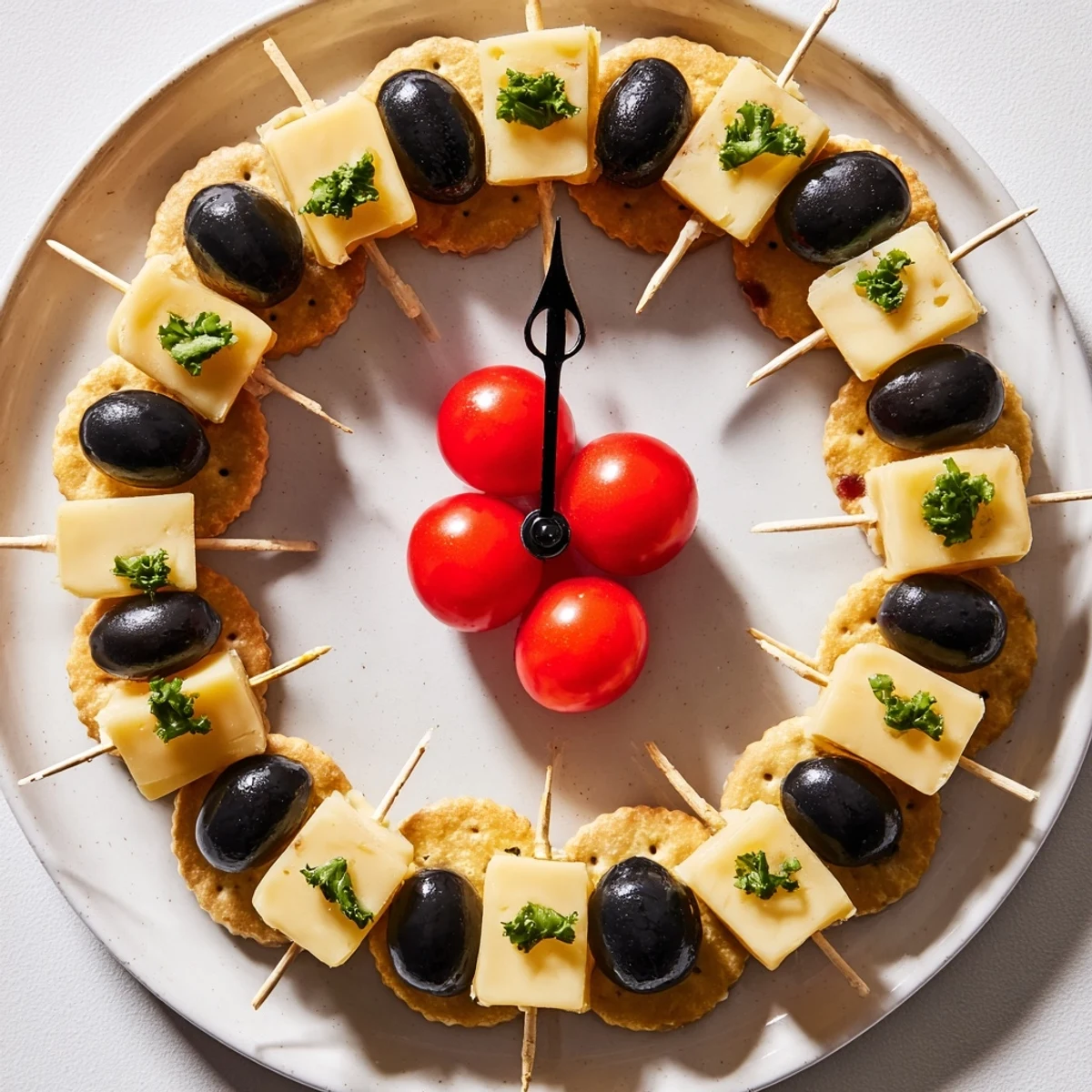 Enjoy the delicious arrangement of the Clock Countdown appetizer with cheddar and Swiss cheese cubes.
