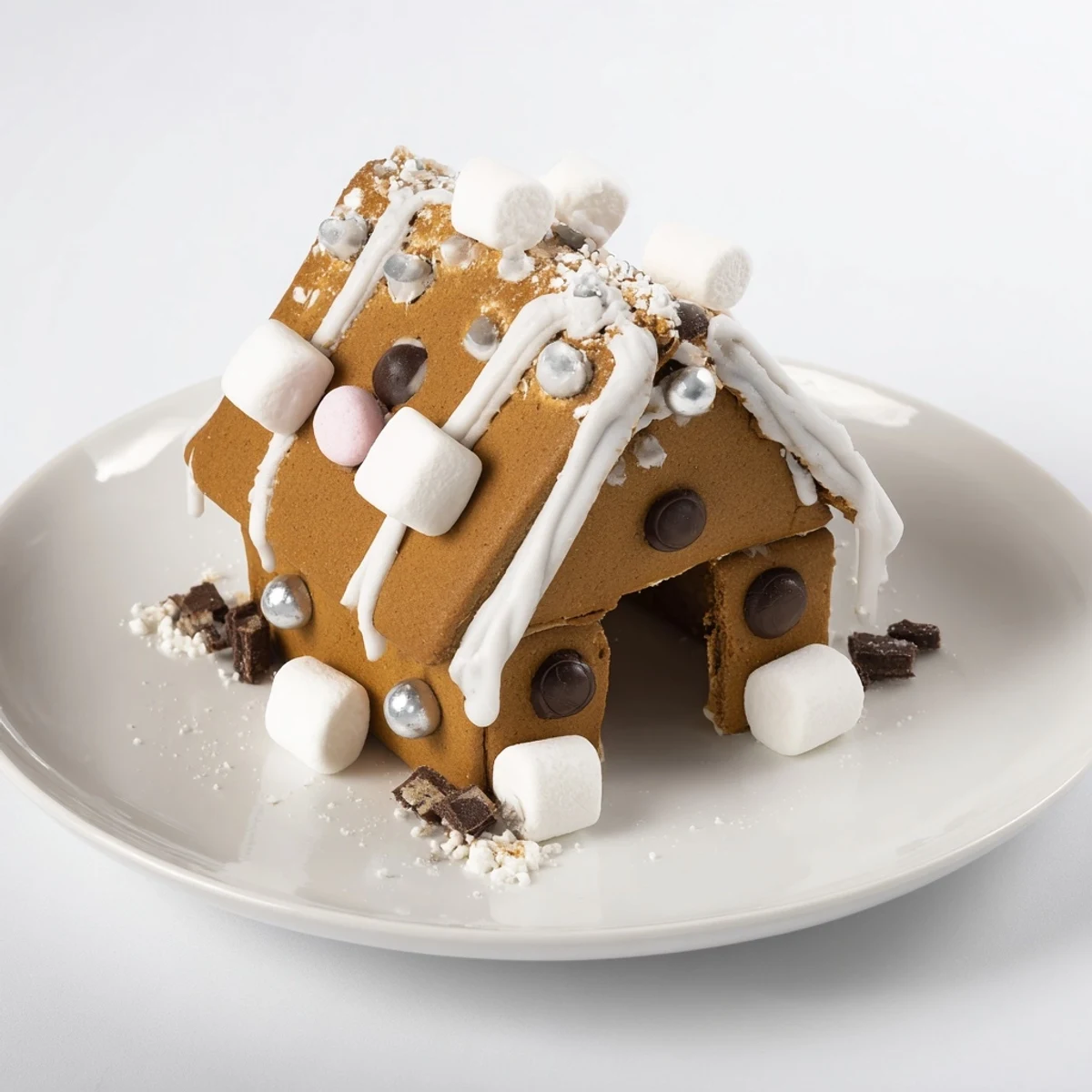This detailed, close-up image shows a complete gingerbread house frame, beautifully decorated and ready to display.