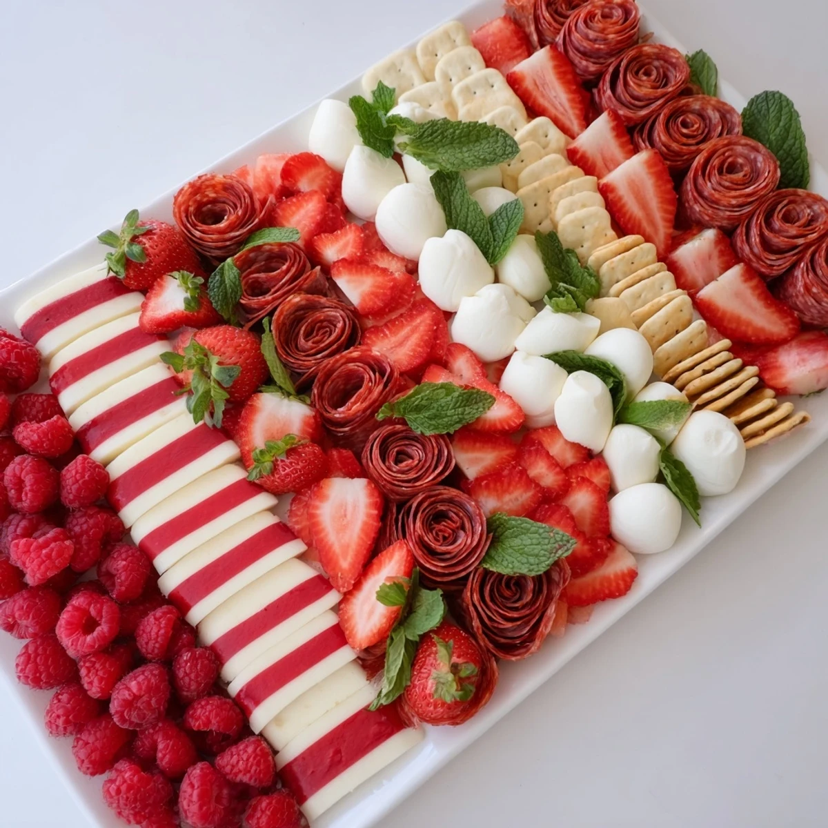 Peppermint Stripe Celebration platter with vibrant red berries, white cheeses, and savory salami.