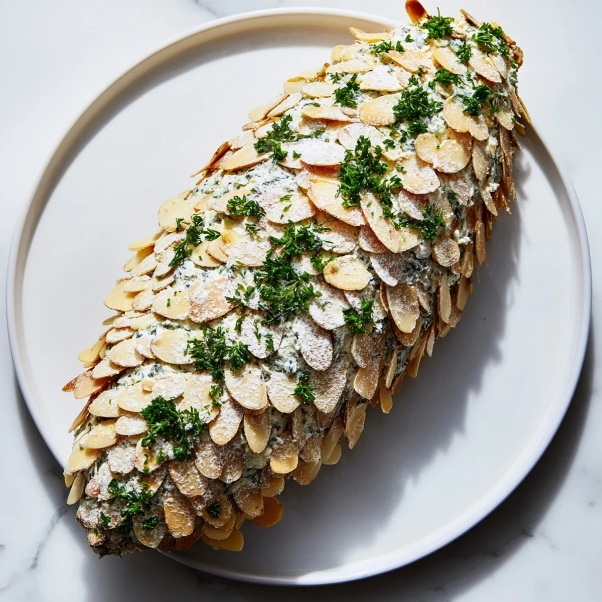 Snowy Pinecone Centerpiece: A festive, edible centerpiece crafted with almond slices, ready to wow guests.