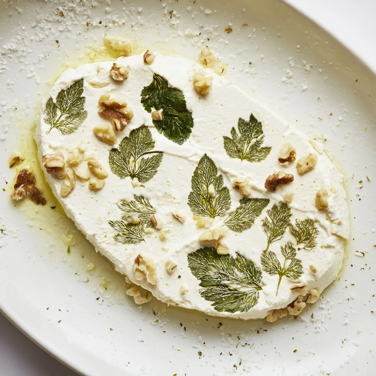 Creamy, herb-imprinted Fossil Record appetizer surrounded by rustic nuts offers visually striking textures.