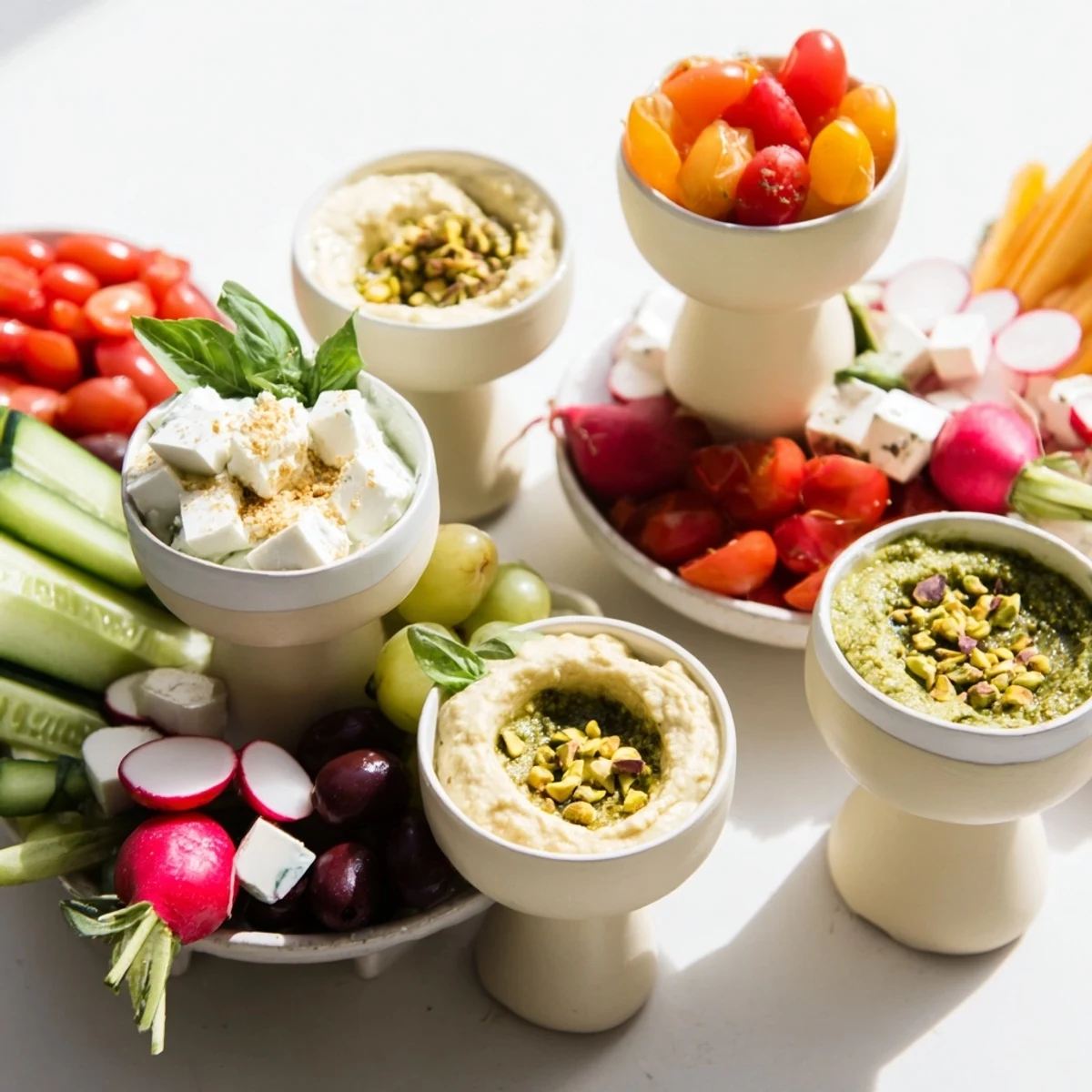 Gourmet "The Hanging Gardens," overflowing with fresh veggies, fruits, cheeses, and dips, ready to serve and enjoy.