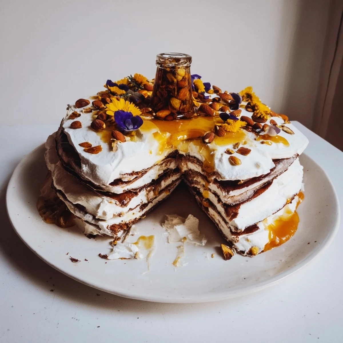 Golden, layered The Honey-Drip dessert with drizzles and warm honey center, ready to serve.