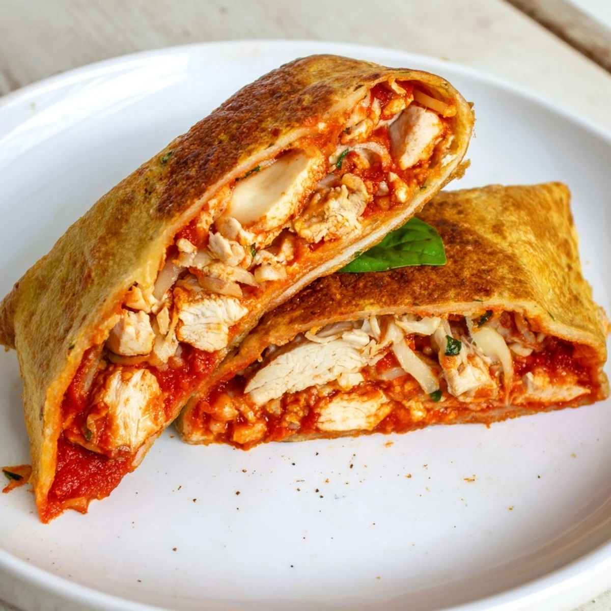 Golden, crispy tortilla pizza wraps with juicy chicken and melty cheese, ready to eat.