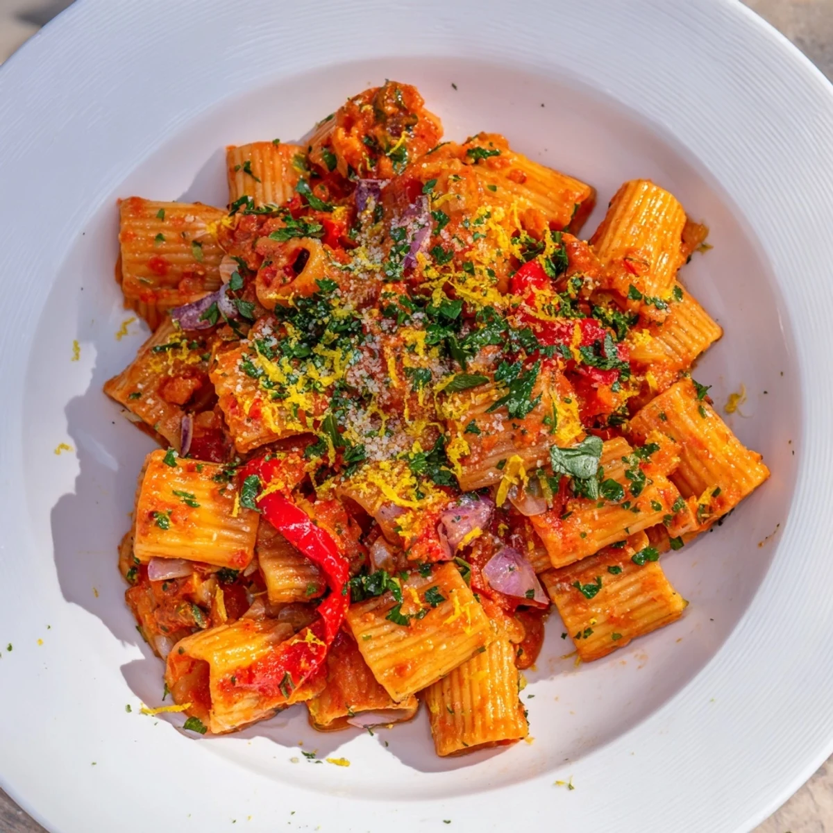 Steaming, vibrant photo of One-Pot Diavola Spicy Pasta garnished with fresh herbs and Parmesan cheese.