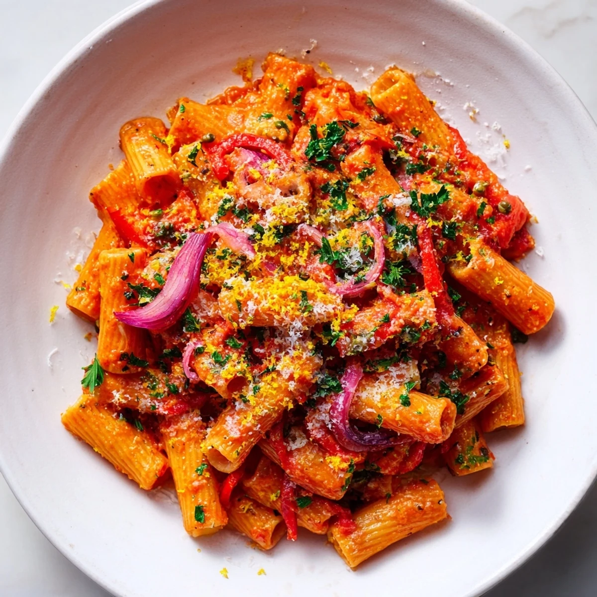A beautiful bowl filled with the comforting One-Pot Diavola Spicy Pasta, perfect for a quick Italian dinner.