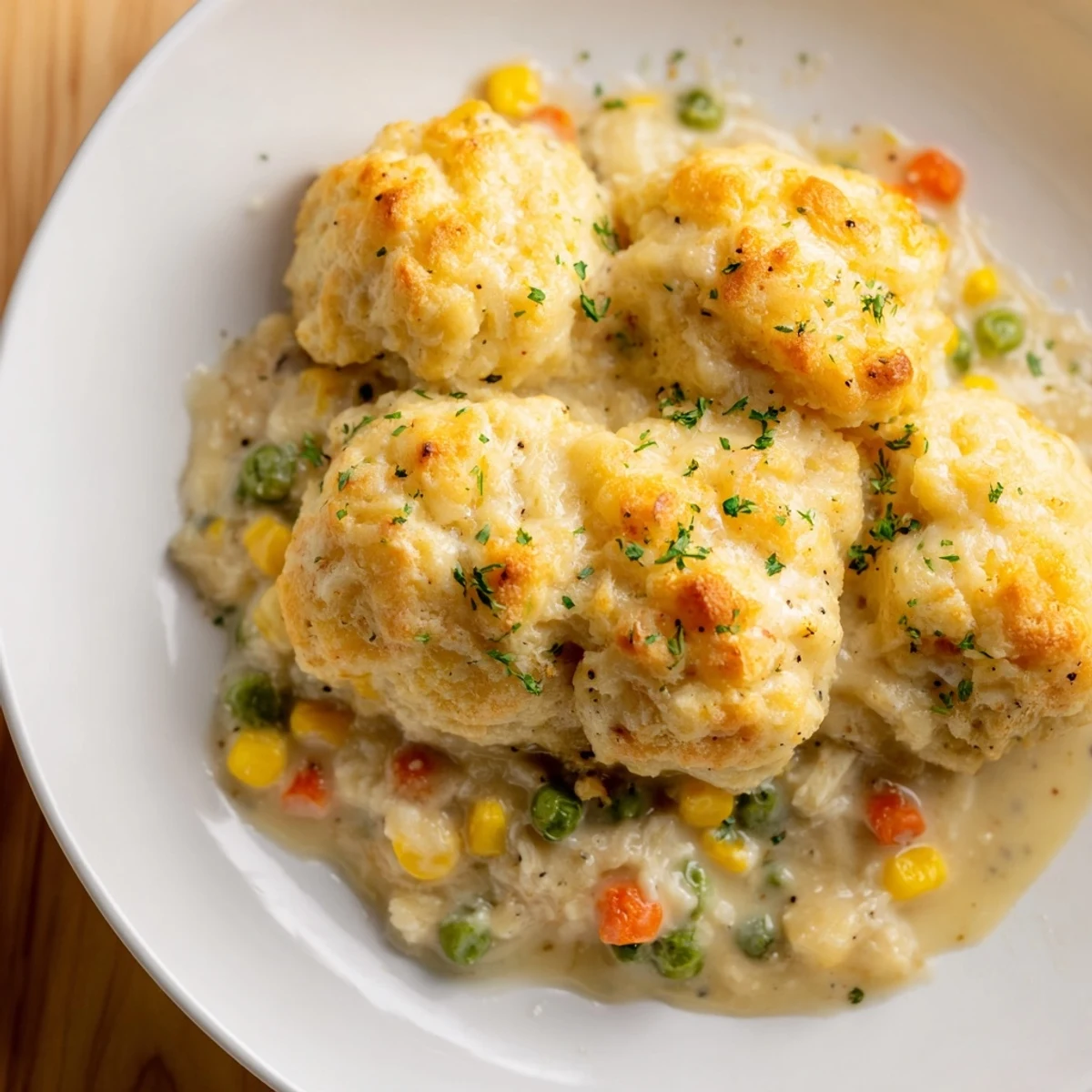 Steaming hot Chicken Cobbler with Red Lobster Biscuit topping, ready for serving alongside fresh parsley.