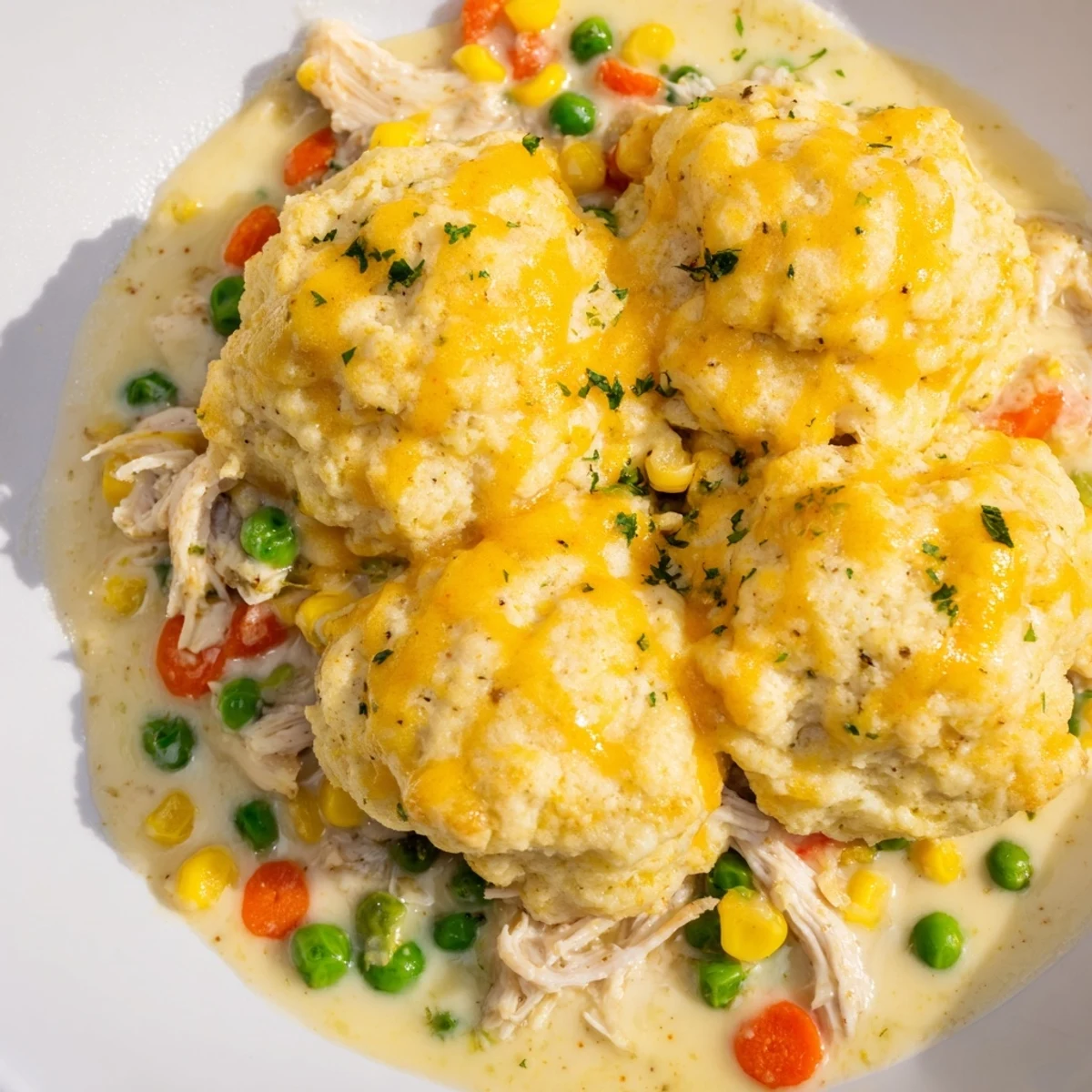 Golden-brown Chicken Cobbler, baked with Red Lobster Biscuit mix, revealing a comforting, creamy interior.