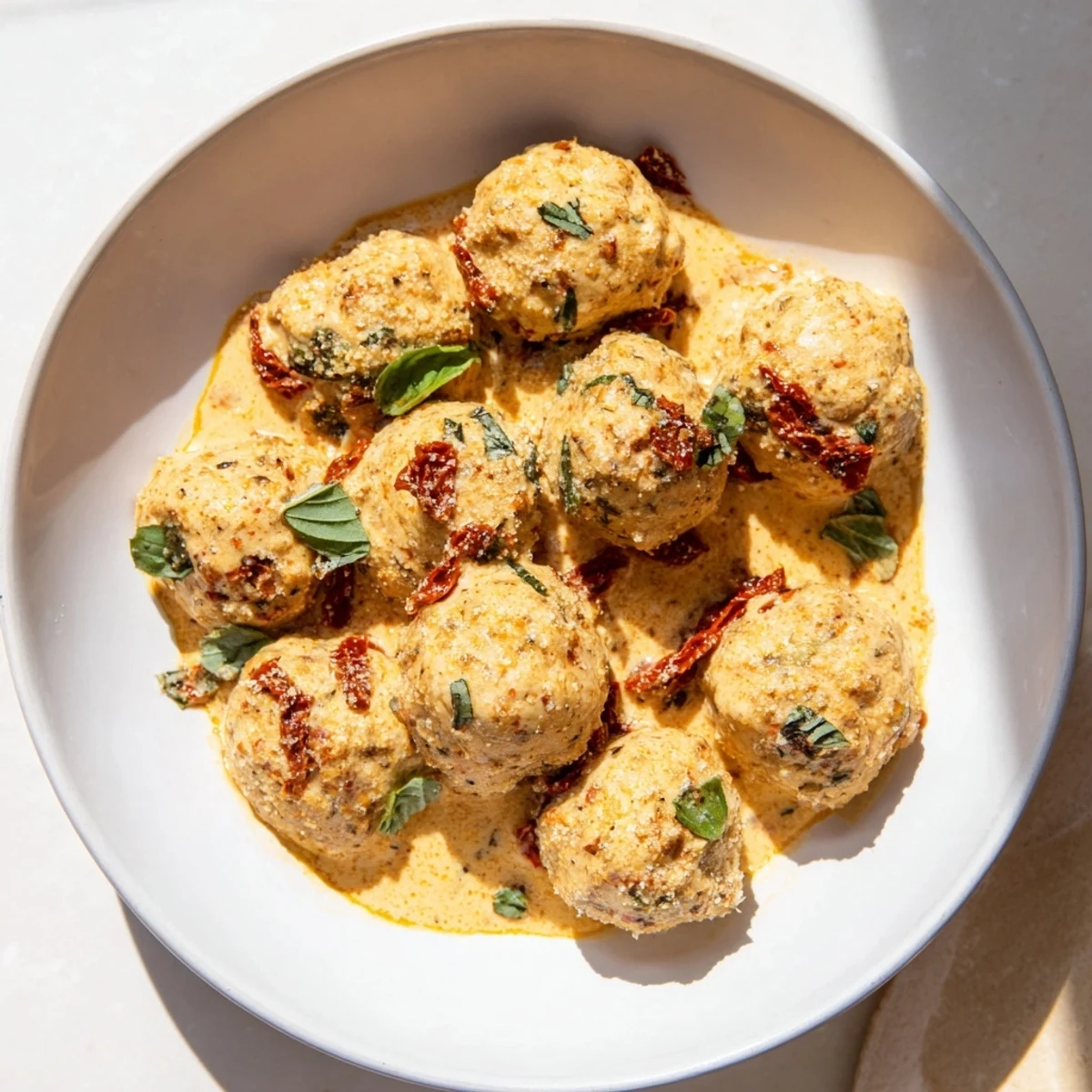 Marry Me Chicken Meatballs simmering in a creamy tomato sauce with hints of parmesan, basil, and garlic.
