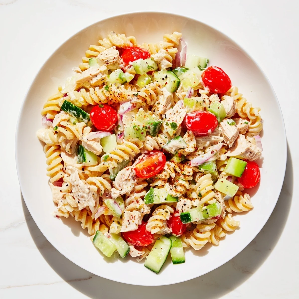 Everything Bagel Chicken Pasta Salad: A creamy cold pasta salad, bursting with fresh flavors, perfectly garnished.