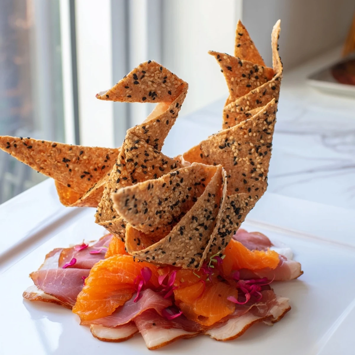 Delicate Paper Crane appetizer: folded prosciutto and turkey wings, carrot beak, artfully displayed on a platter.