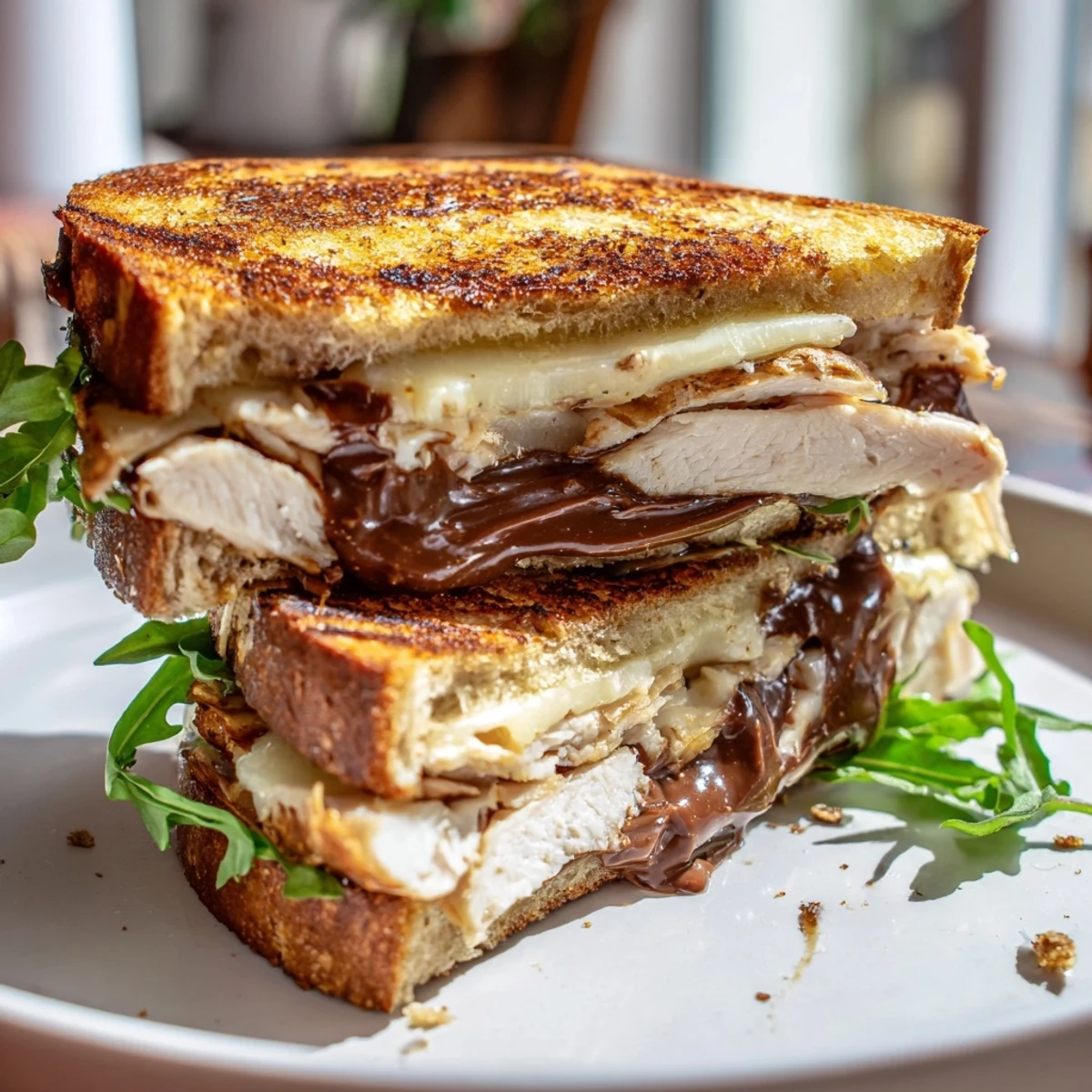 Golden-brown Nutella Grilled Cheese with Chicken, cheese oozing, served with a fresh arugula garnish.