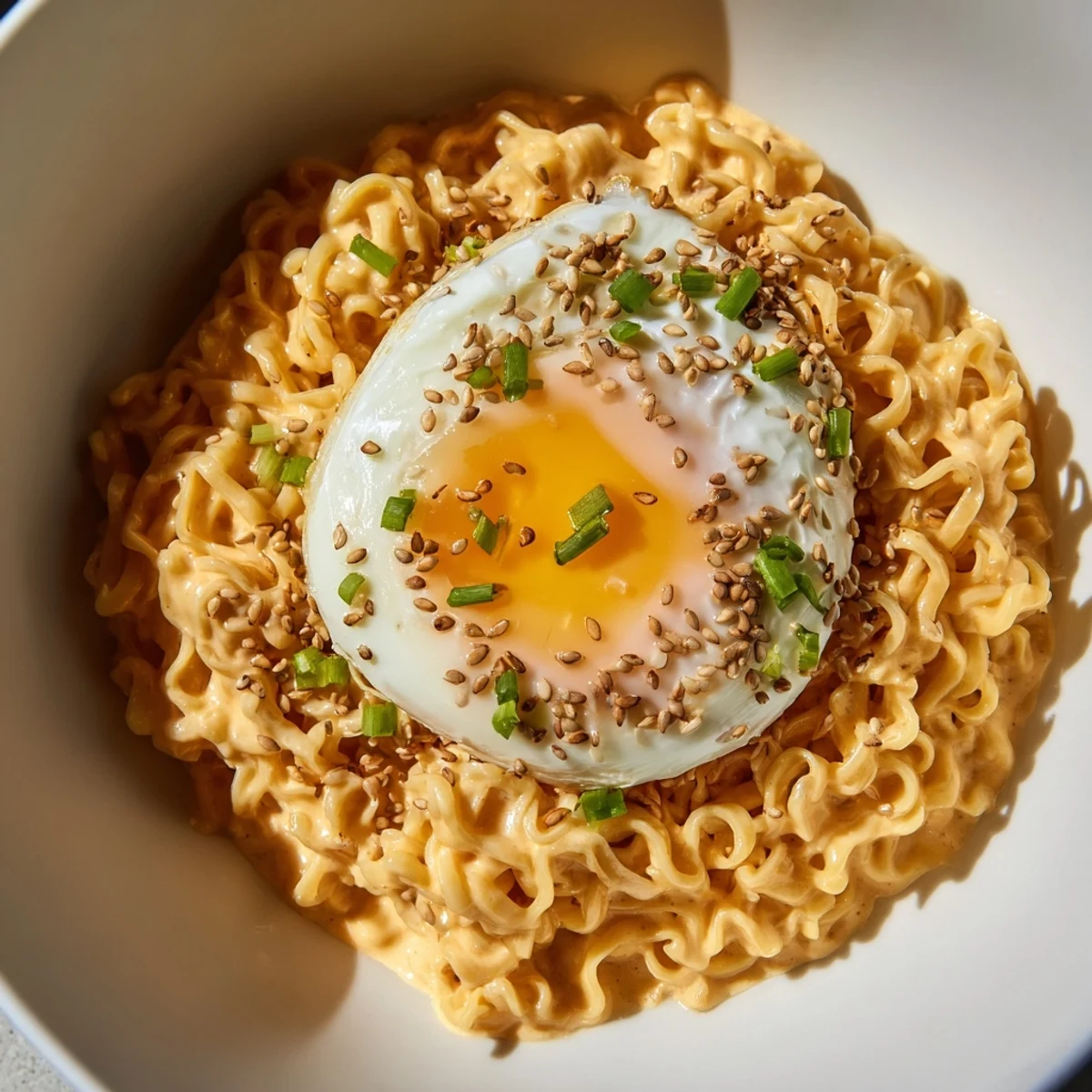 Steaming bowl of Instant Cheese Ramen, creamy with melted cheese and a soft poached egg.