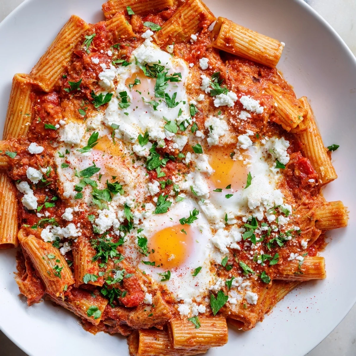 Tender pasta coated in spicy sauce, topped with perfectly poached eggs; a Quick Shakshuka Pasta delight!