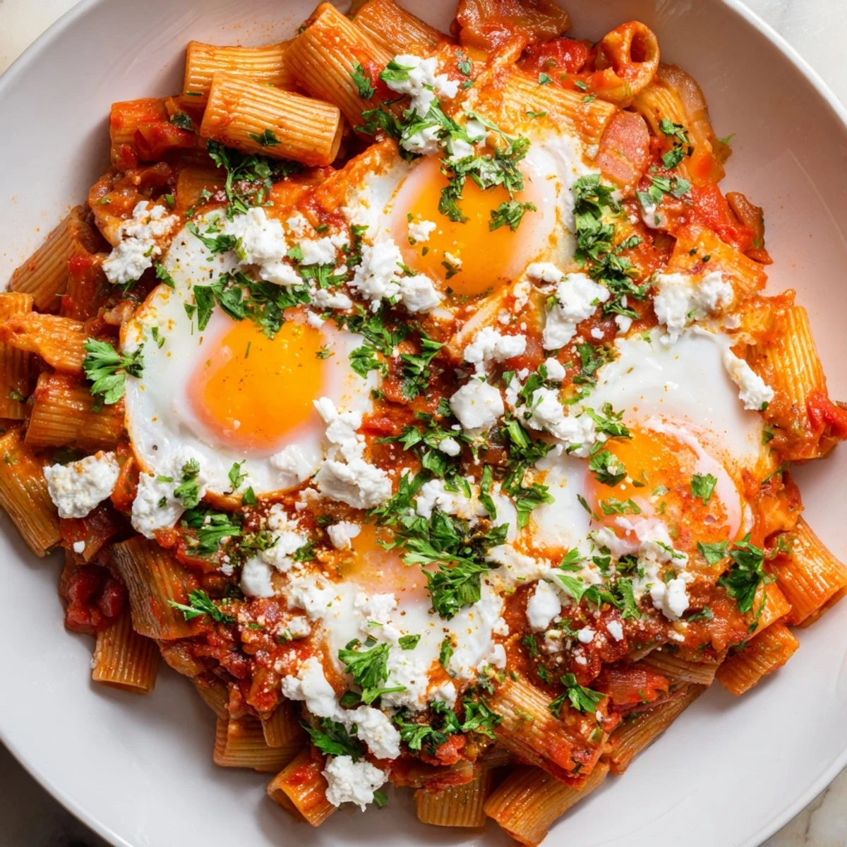 Hearty Quick Shakshuka Pasta: a Mediterranean-inspired meal with penne, tomatoes, and beautifully cooked eggs.