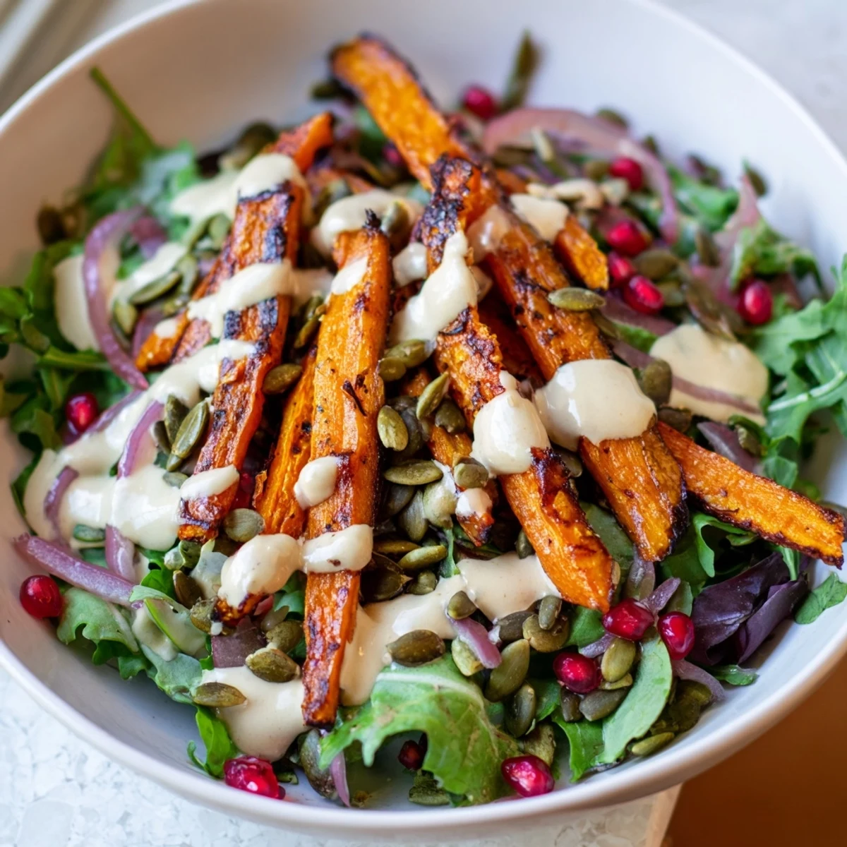 Golden roasted carrots glistening with the creamy tahini-lemon drizzle in this vibrant salad.