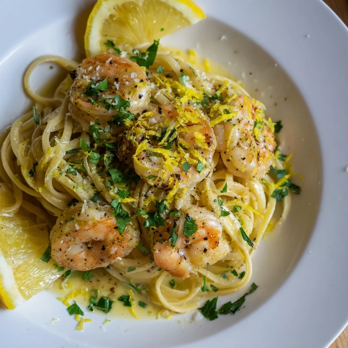 Steaming plate of Lemon Herb Pasta with shrimp, garnished with bright lemon wedges and herbs.