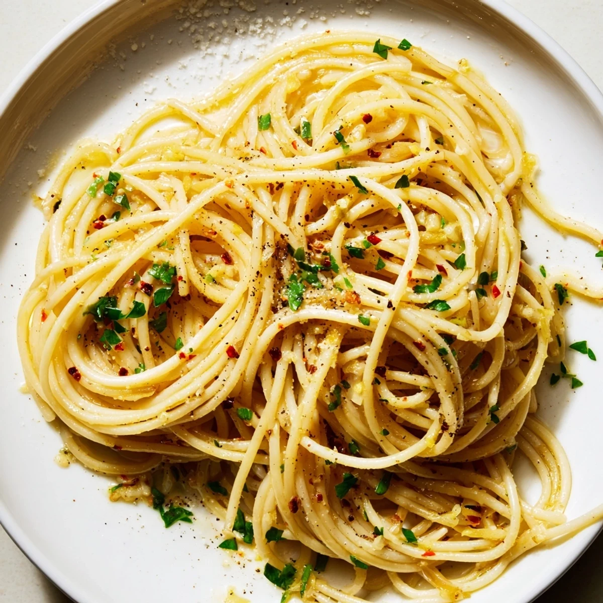 Steaming Aglio e Olio Express Pasta: Spaghetti glistening with garlic and chili flakes, ready to enjoy.