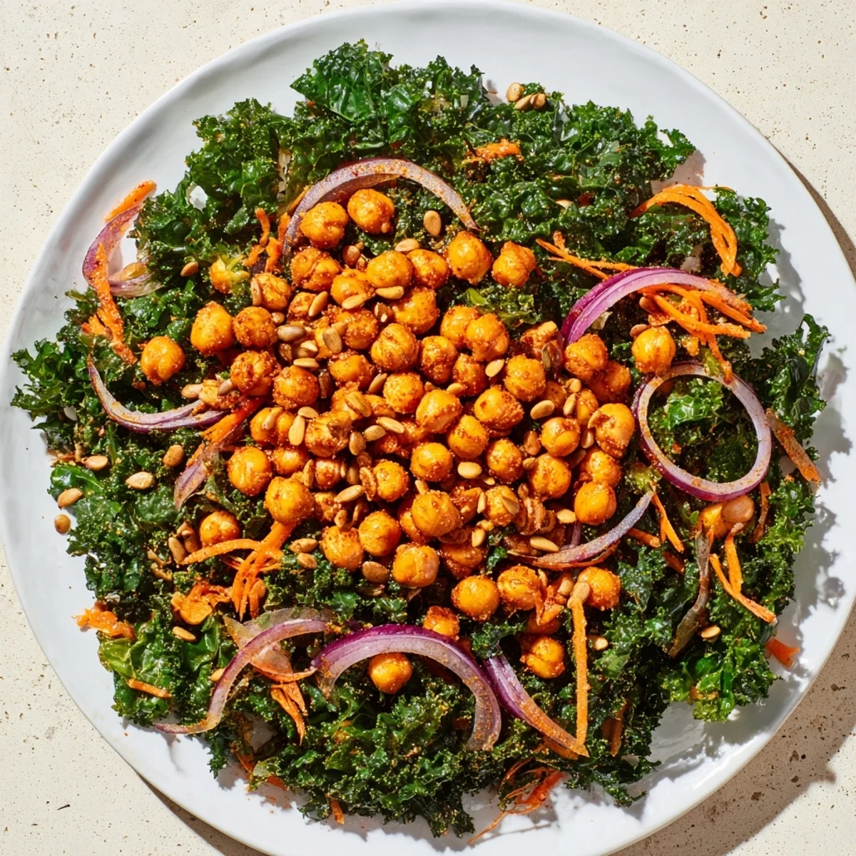 Vibrant kale salad with roasted chickpeas, a complete lunch featuring crunchy chickpeas and fresh kale.