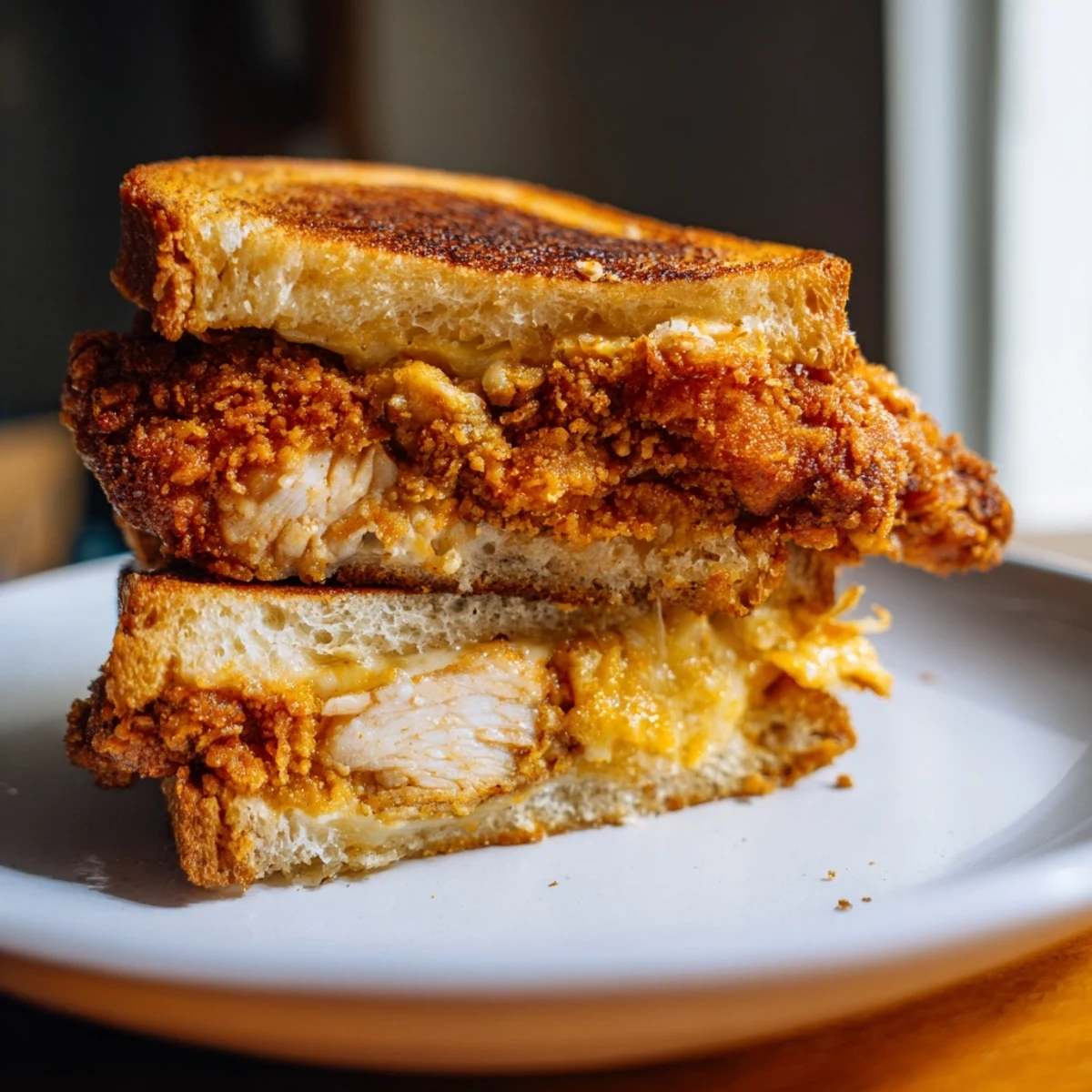 This photo features perfectly golden Crispy Parmesan Chicken Thighs Grilled Cheese, looking incredibly delicious and comforting.