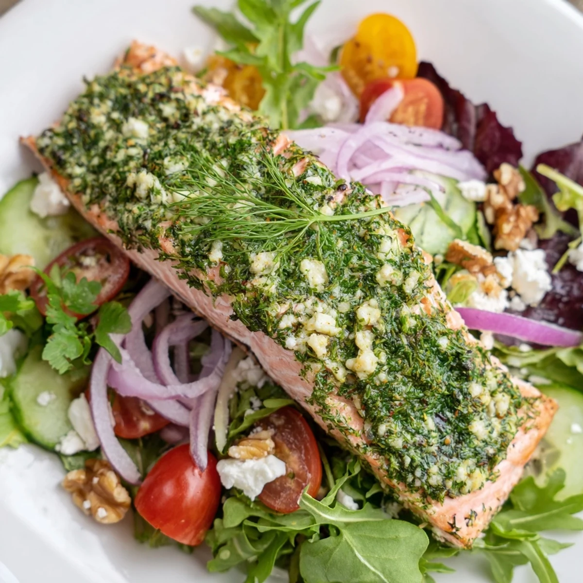 Flaky, herb-crusted salmon salad with vibrant greens, ready to eat and enjoy now.