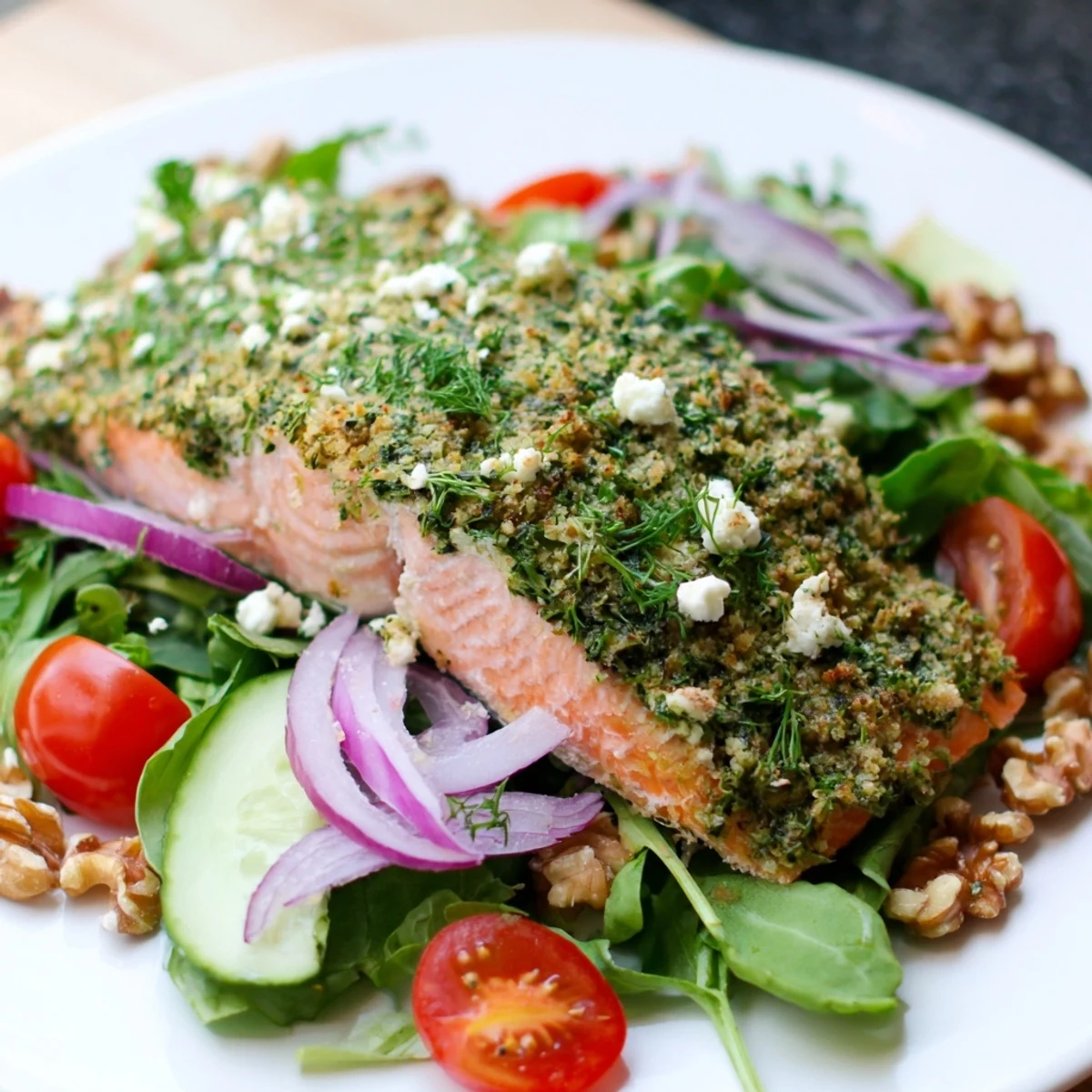 Golden herb-baked salmon fillets atop a fresh salad, featuring the satisfying herb-crusted salmon.