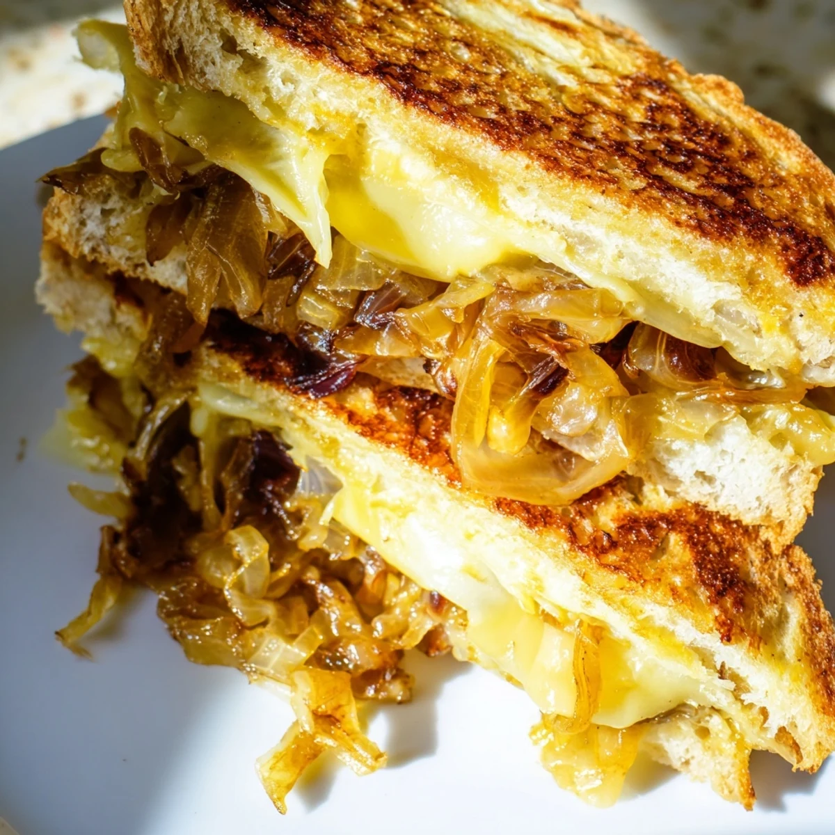 Golden, melted Gruyère oozing from a delicious Caramelized Onion and Gruyère Grilled Cheese sandwich.