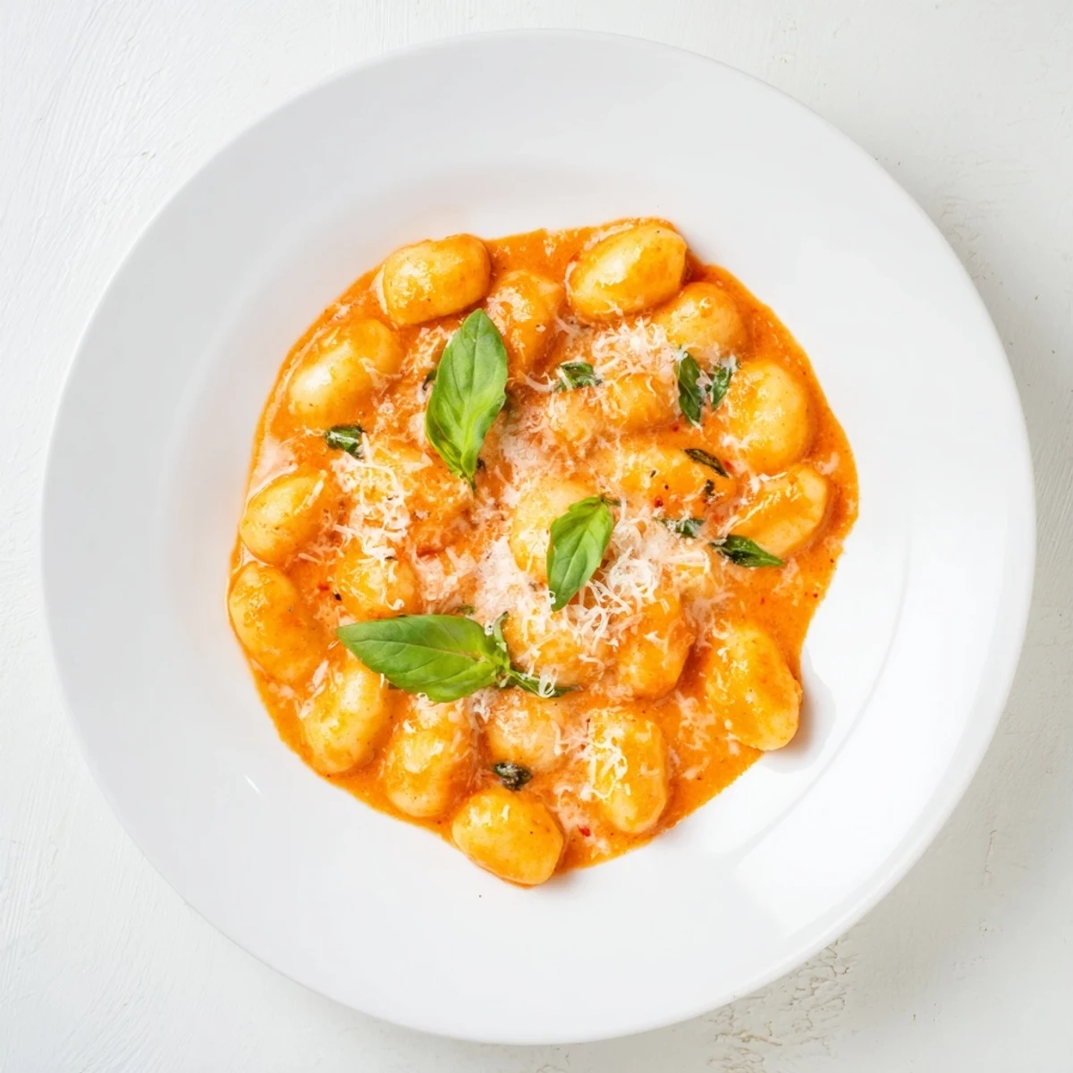 Creamy Tomato Gnocchi, glistening and creamy, ready to be served with fresh basil garnish.