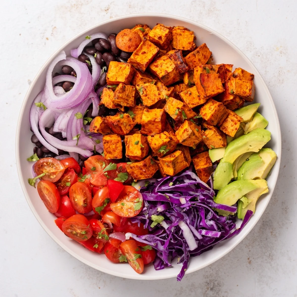 Roasted sweet potato taco bowls, overflowing with vibrant veggies and drizzled with lime dressing.