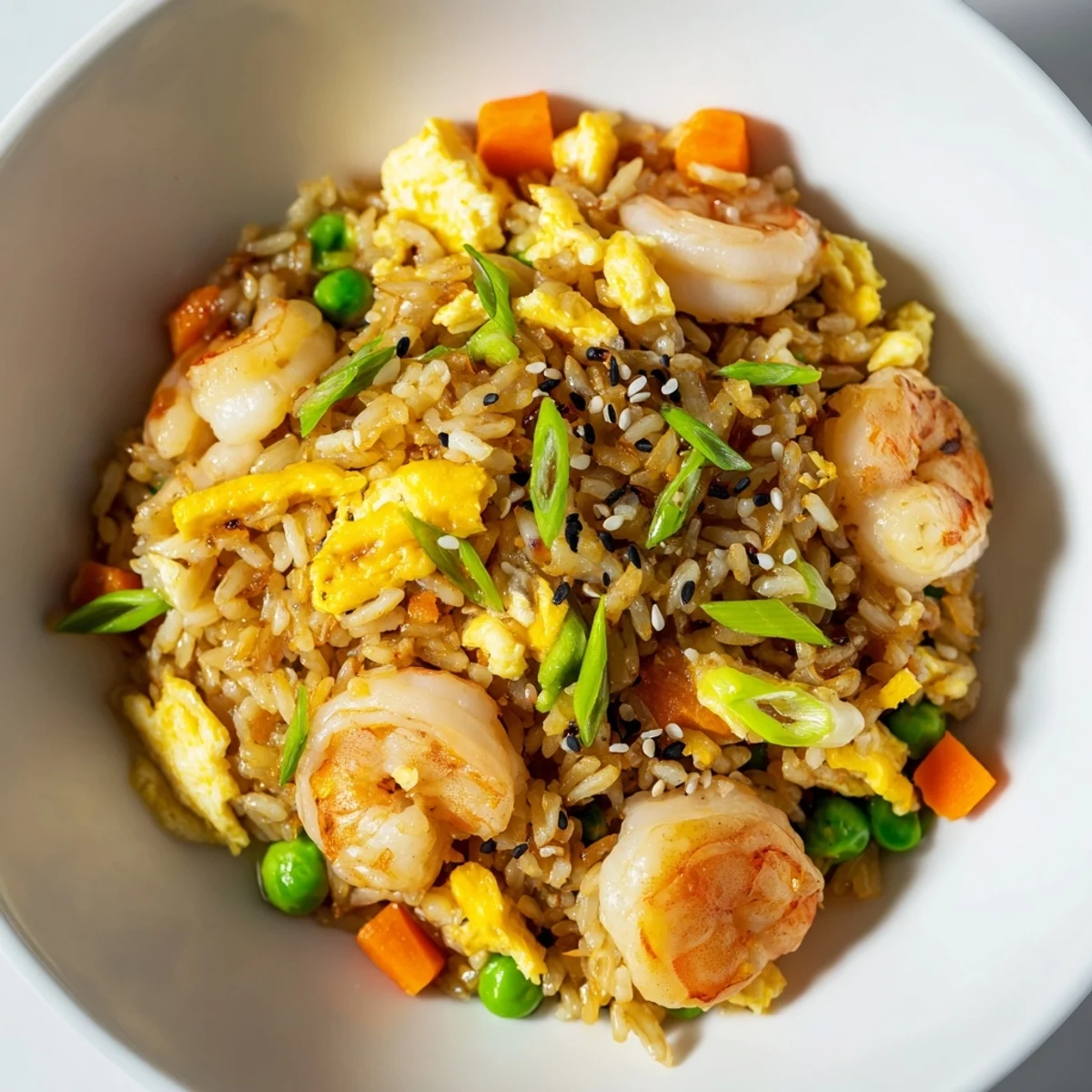 Golden-brown shrimp fried rice, a quick weeknight meal with visible shrimp and veggies.