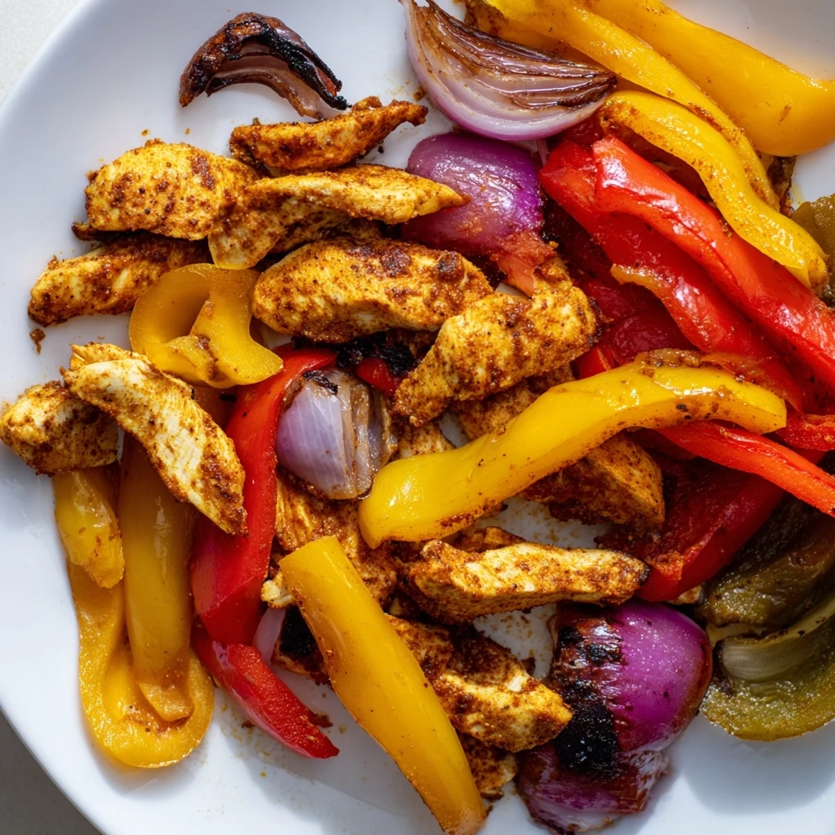 Smoky chicken fajita sheet pan, featuring roasted bell peppers and onions ready to be served hot.