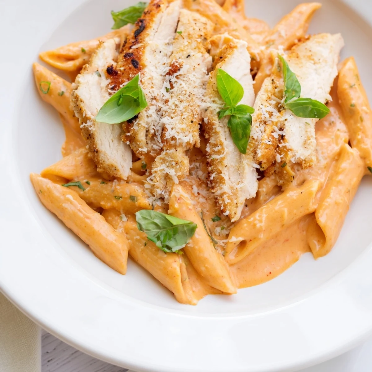 Creamy Tomato Basil Chicken Pasta with fresh basil garnish, a comforting Italian-American dish.