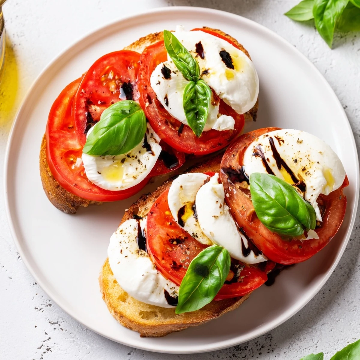 Warm, toasted bread topped with burrata, juicy tomatoes, and basil creates this delicious tomato burrata toast.