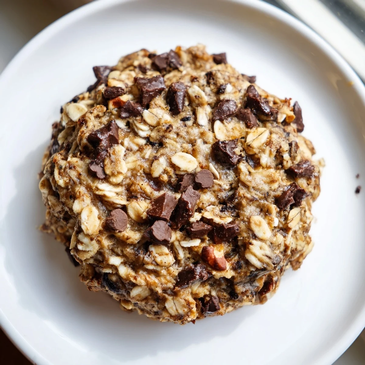 Close-up of a chewy chocolate oatmeal breakfast cookie with visible chocolate chips, delicious for breakfast.