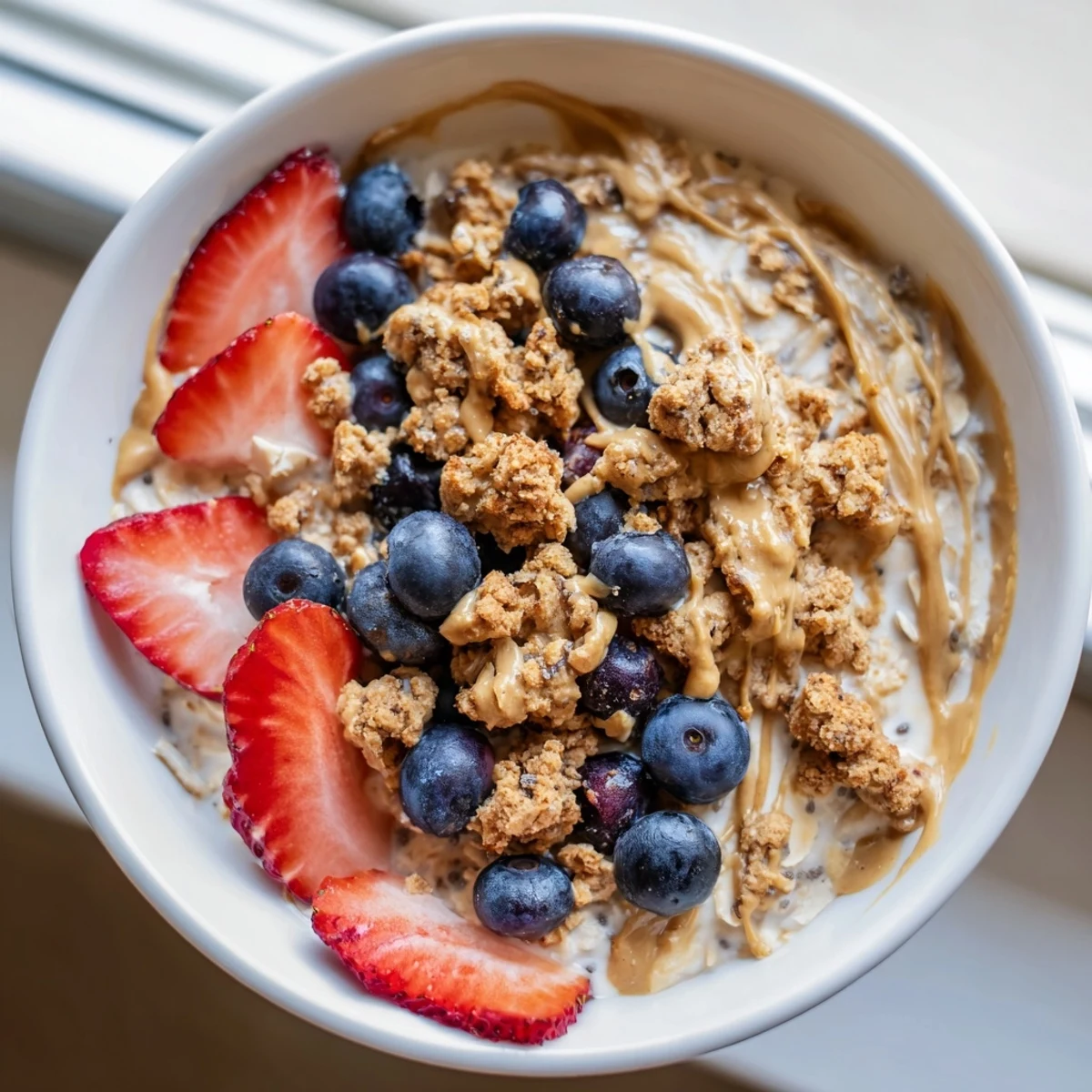 Creamy gourmet overnight oats with espresso, swirls of peanut butter and fresh berries for an energizing breakfast.