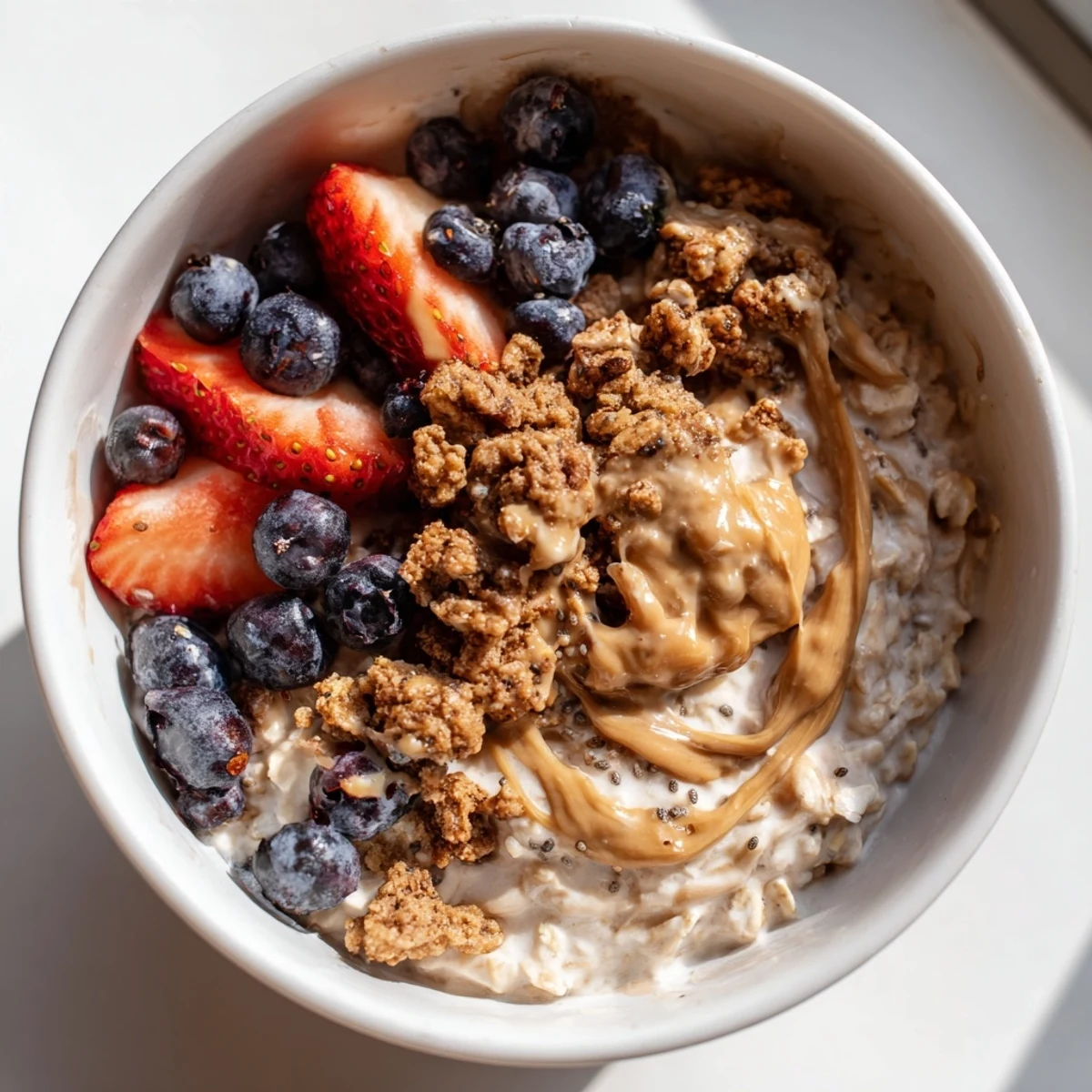 A close-up of beautifully layered overnight oats, studded with granola and berries, ready to eat.